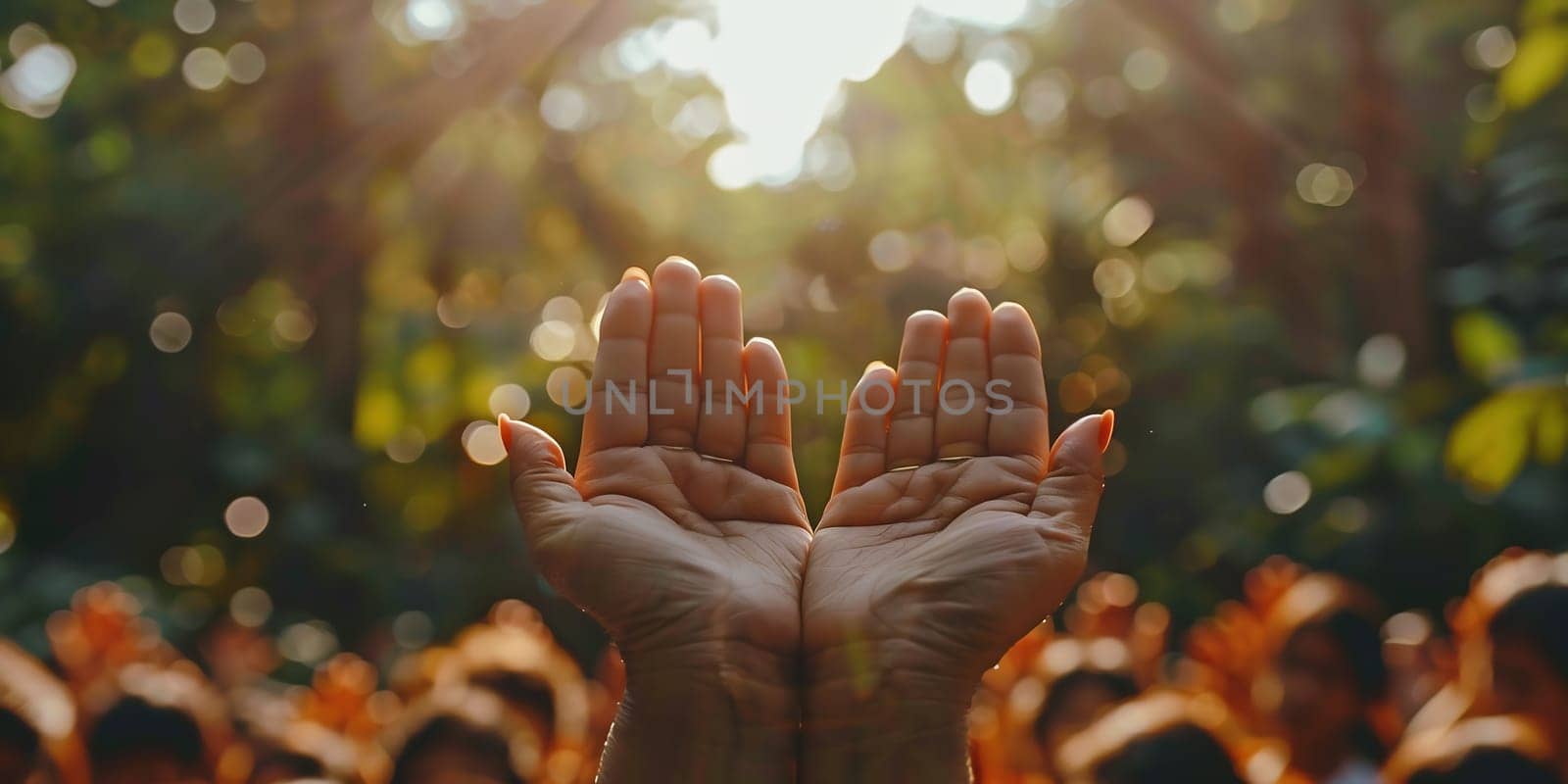Human open empty hands with palms up, over blurred nature background. by Andelov13