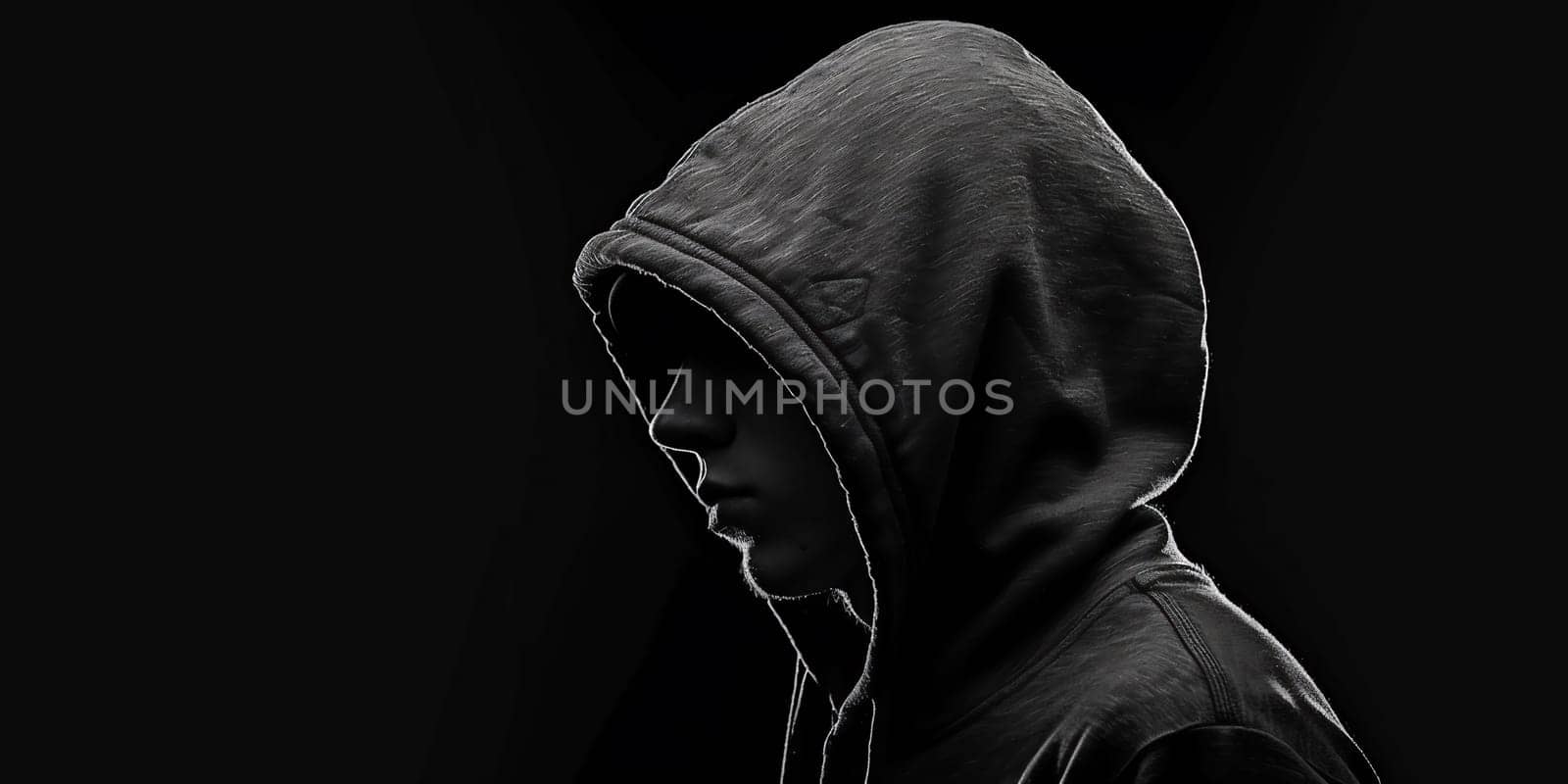 An adult online anonymous internet hacker with invisible face in urban environment and number codes illustration concept. High quality photo