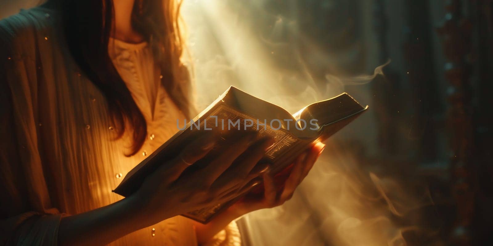 Woman reading sitting on stairs in sunlight. Calmness and mindfulness. High quality photo