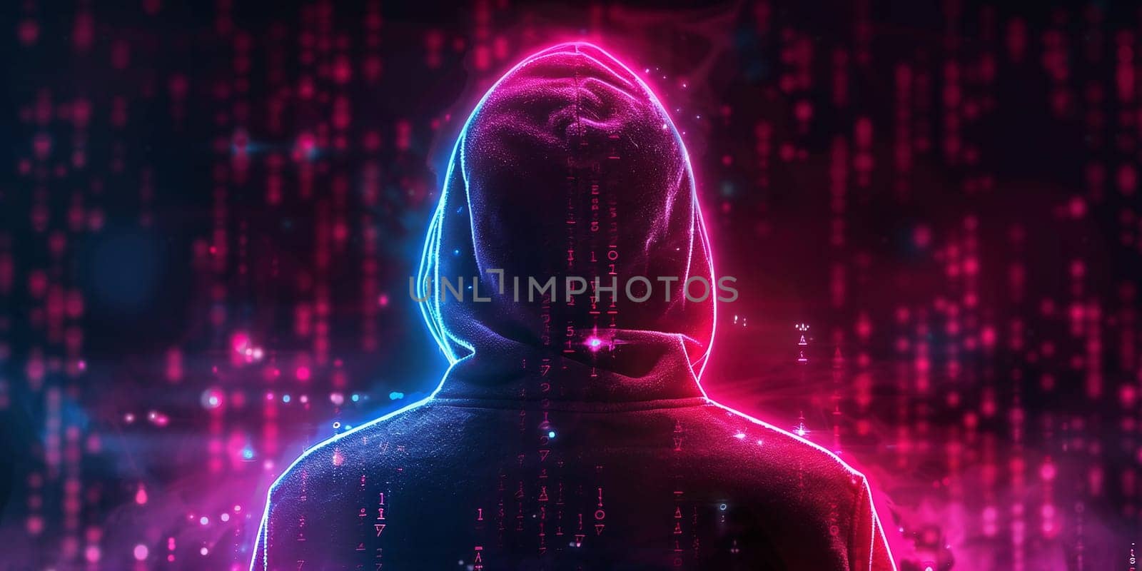 An adult online anonymous internet hacker with invisible face in urban environment and number codes illustration concept by Andelov13