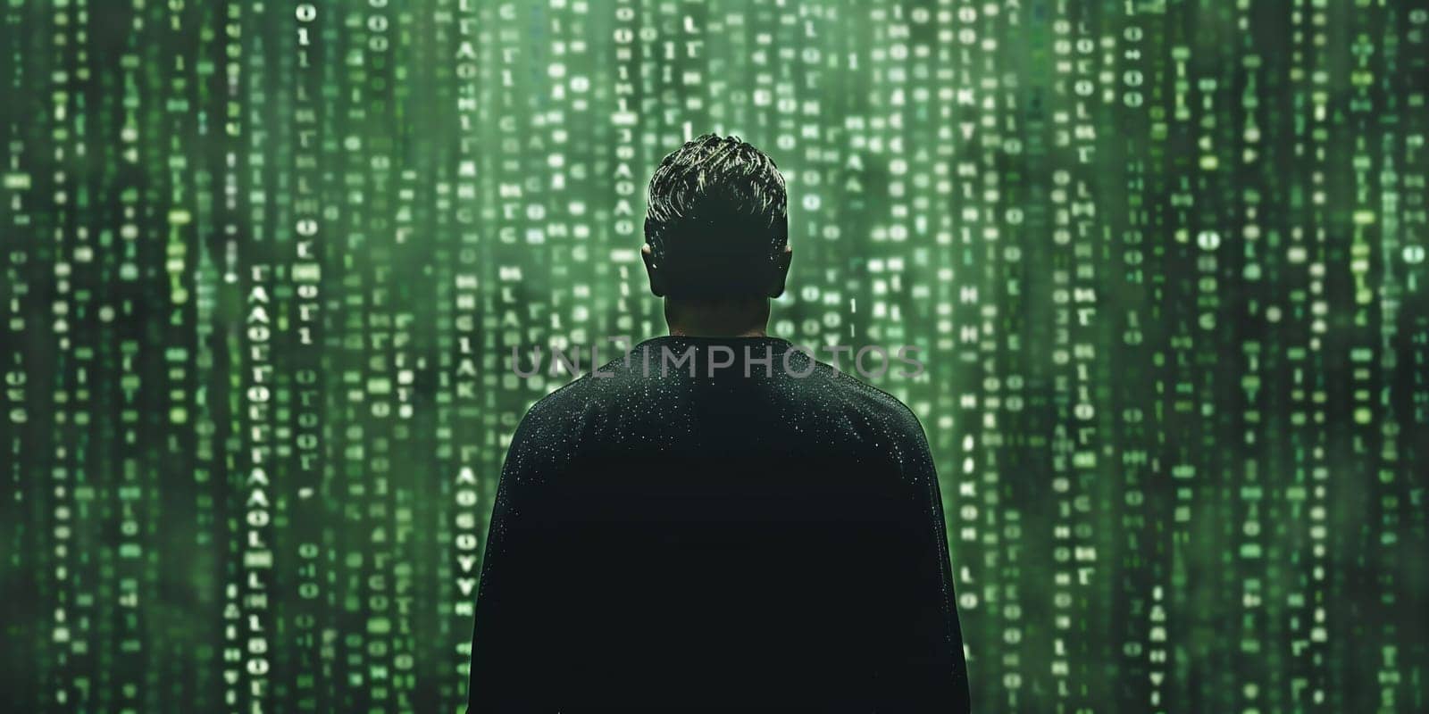 An adult online anonymous internet hacker with invisible face in urban environment and number codes illustration concept by Andelov13