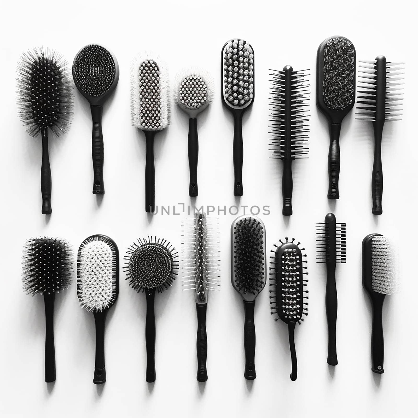 Assortment of various hairbrushes on a white background.