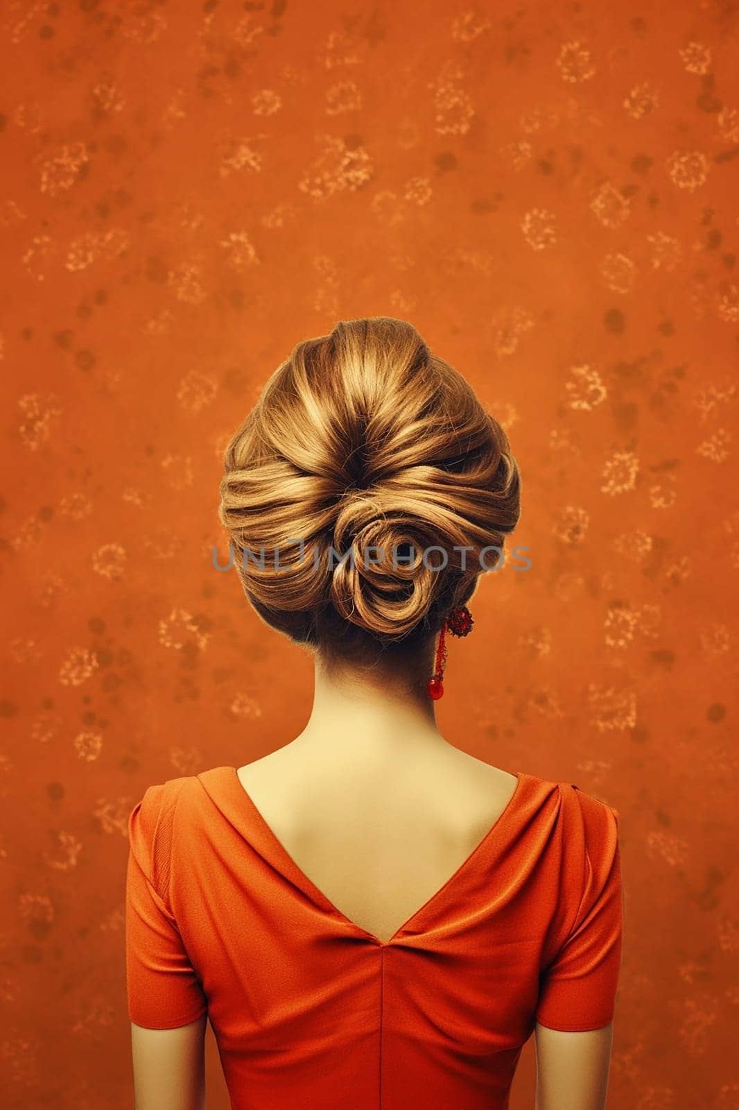 Elegant hairstyle on a woman in an orange dress against a textured backdrop