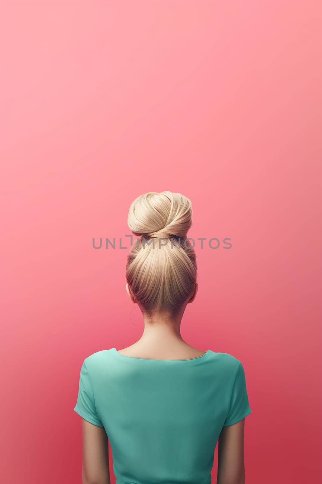 Woman with bun hairstyle facing a pink background.