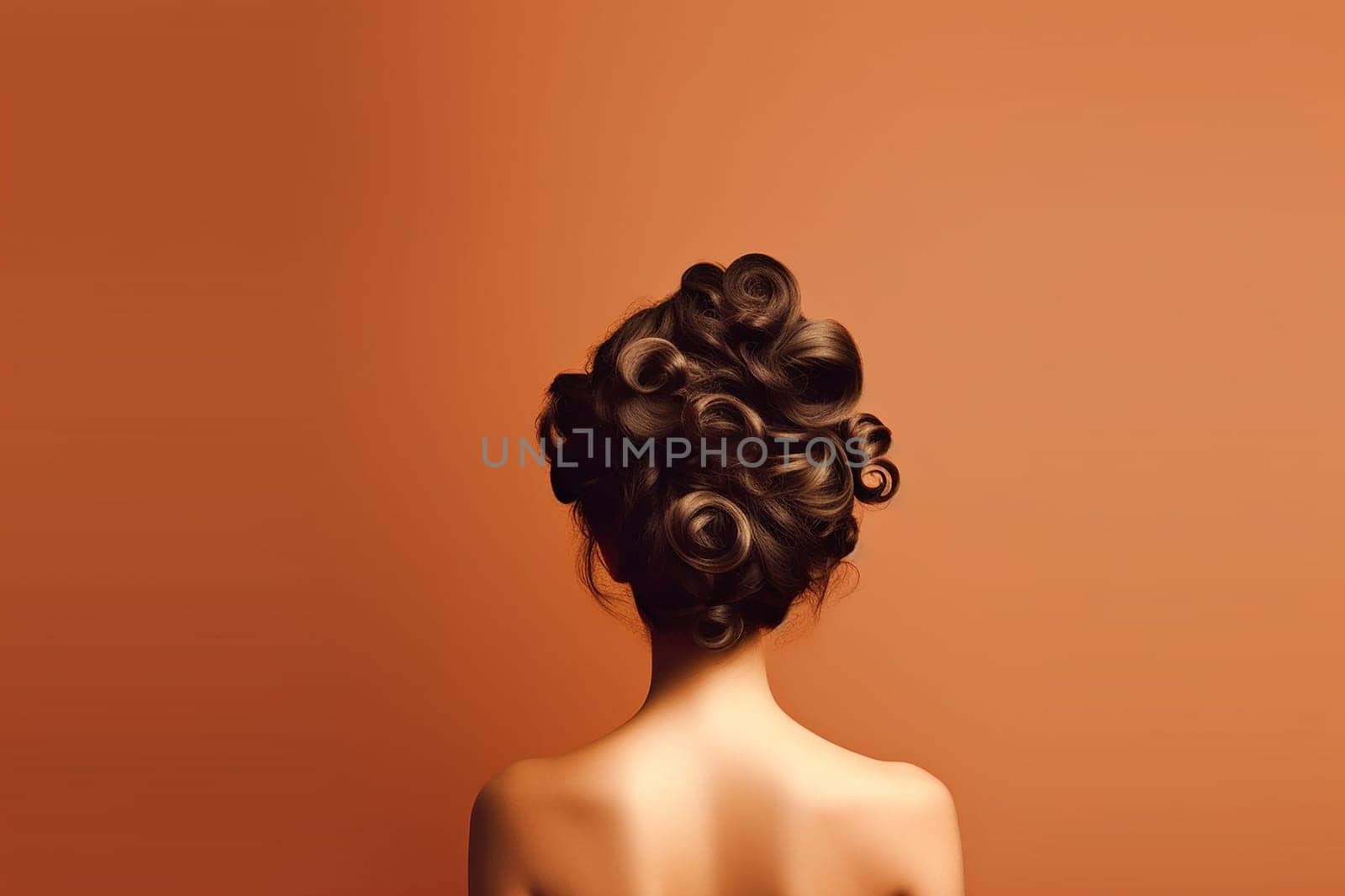 Elegant hairstyle with artistic curls on a woman against a warm background.