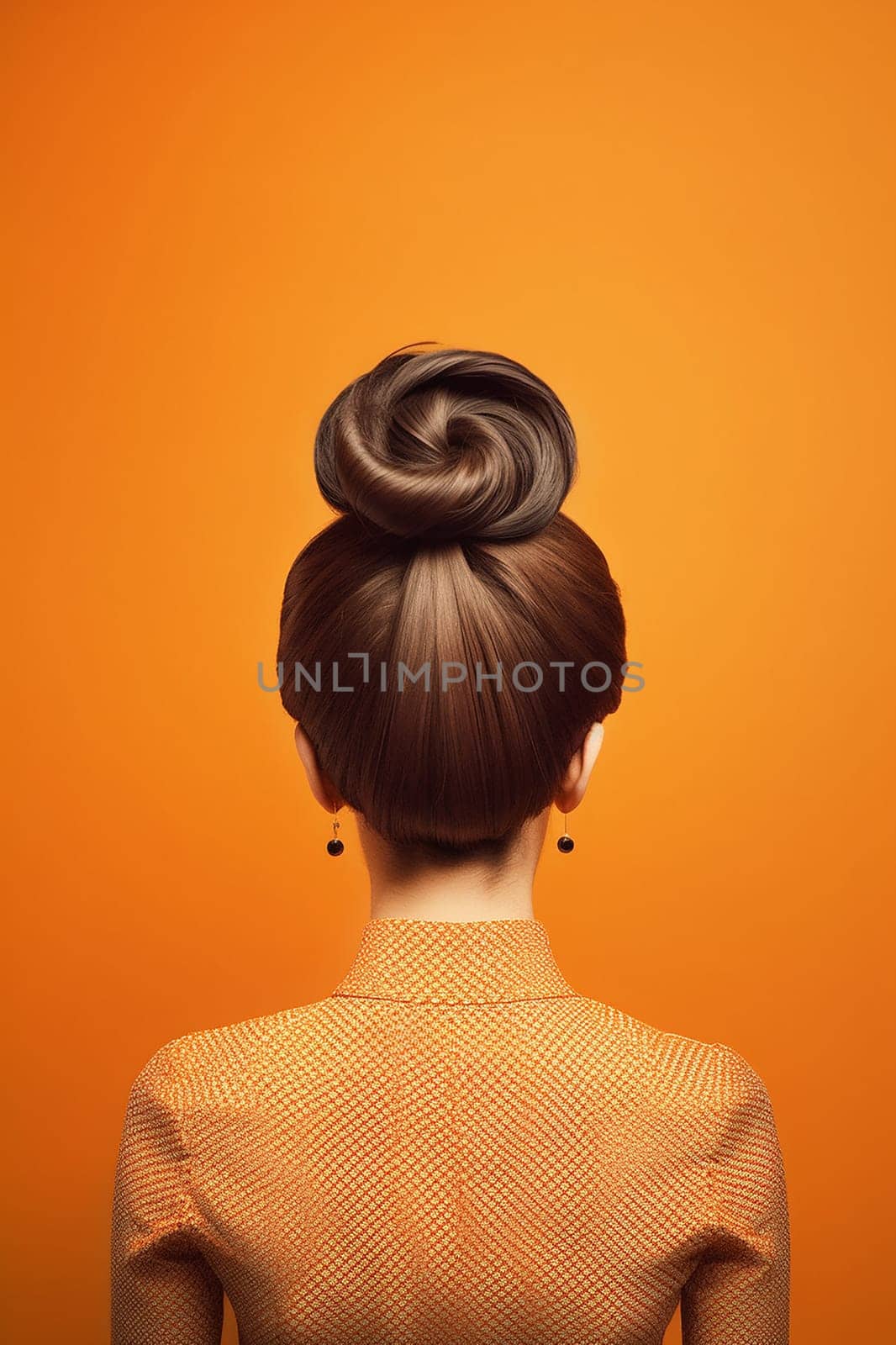 Woman with a stylish bun against an orange background