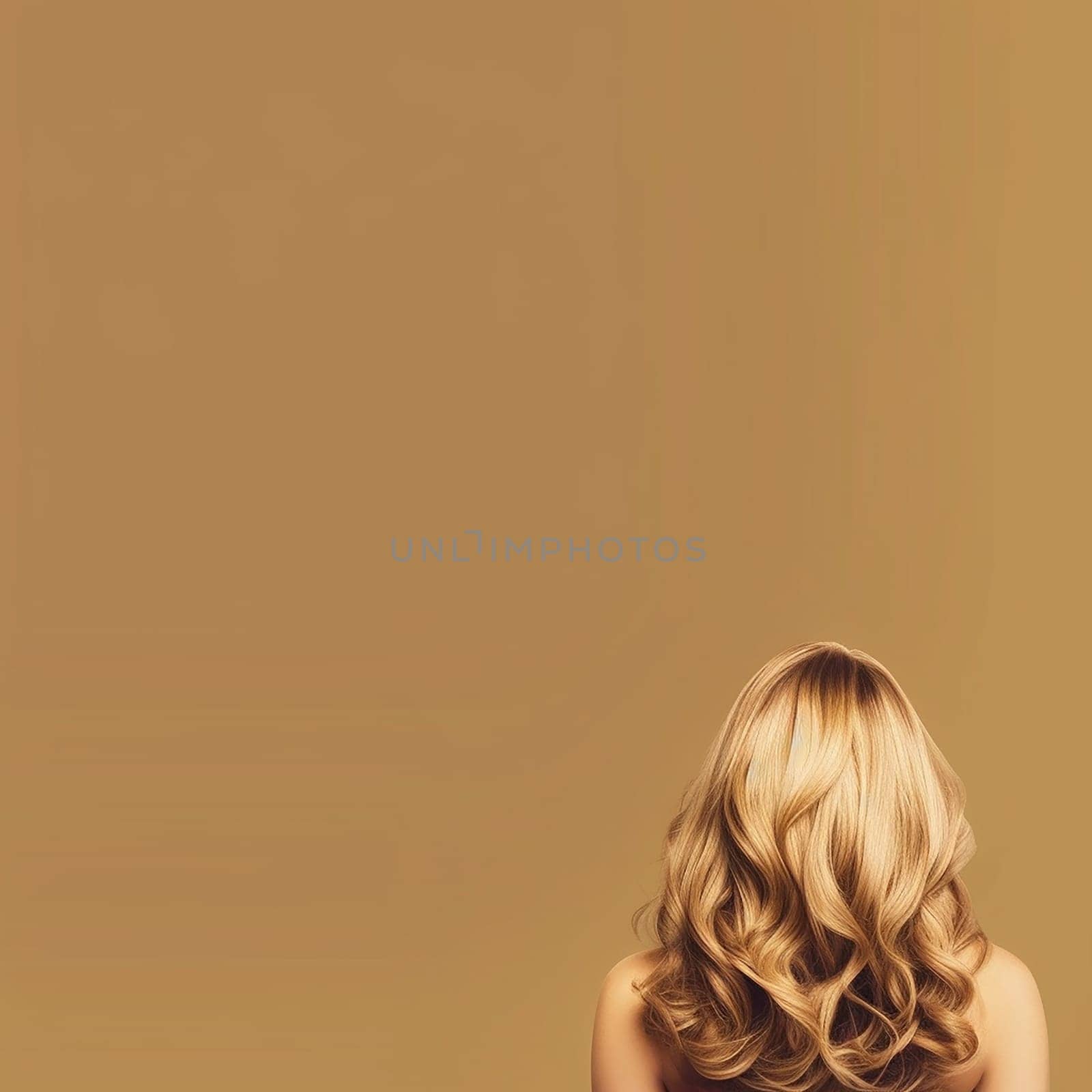 Back view of a person with curly blonde hair against a beige background.