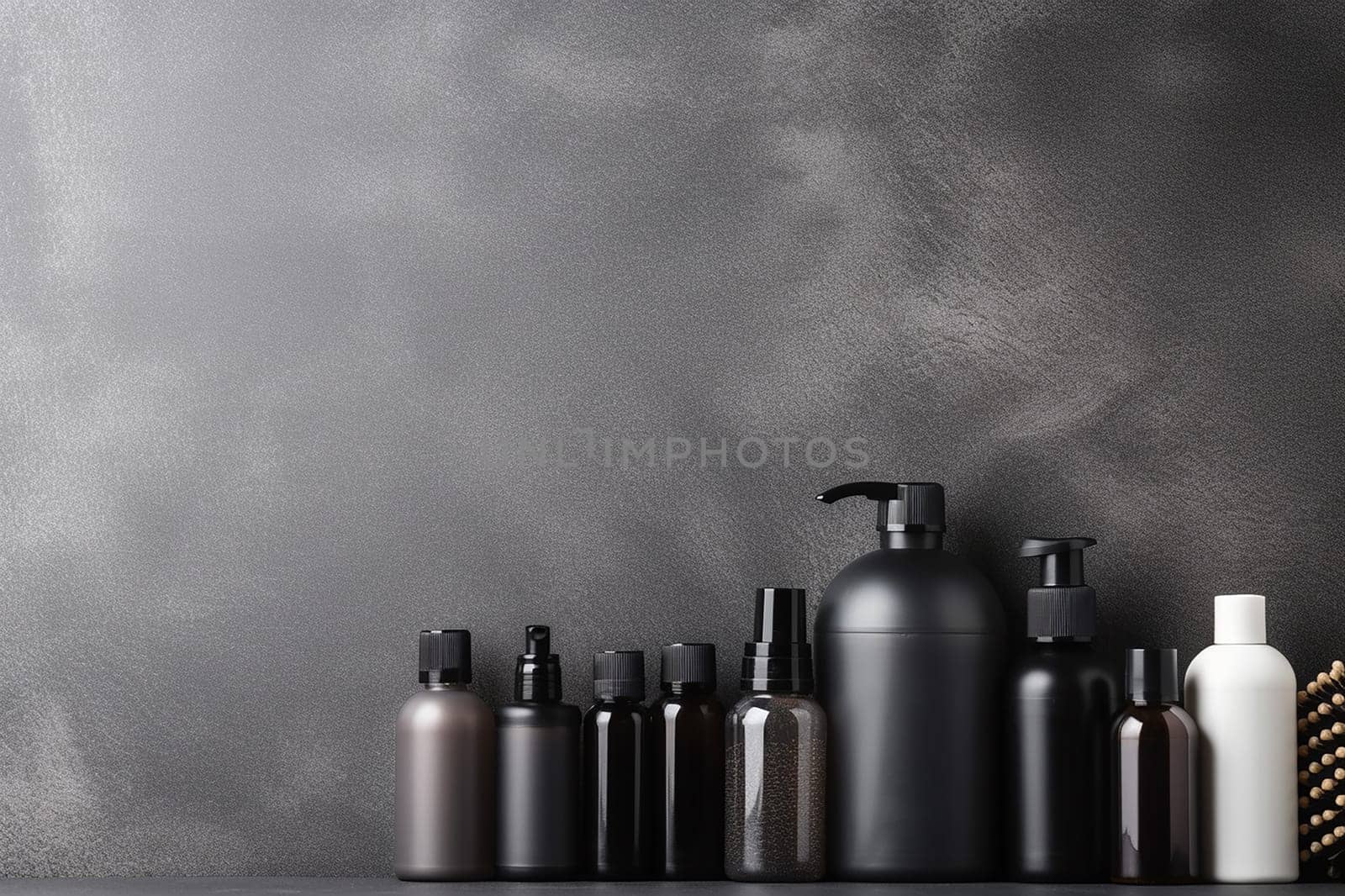 Various bottles and containers neatly arranged on a dark textured surface. by Hype2art