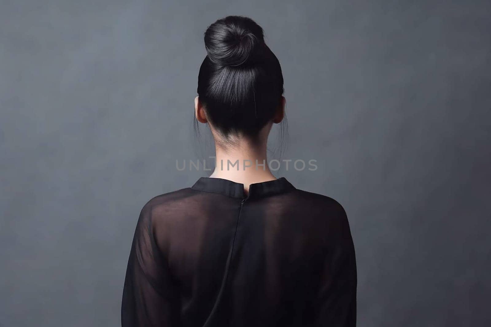 Woman seen from behind with a bun hairstyle and black sheer top.