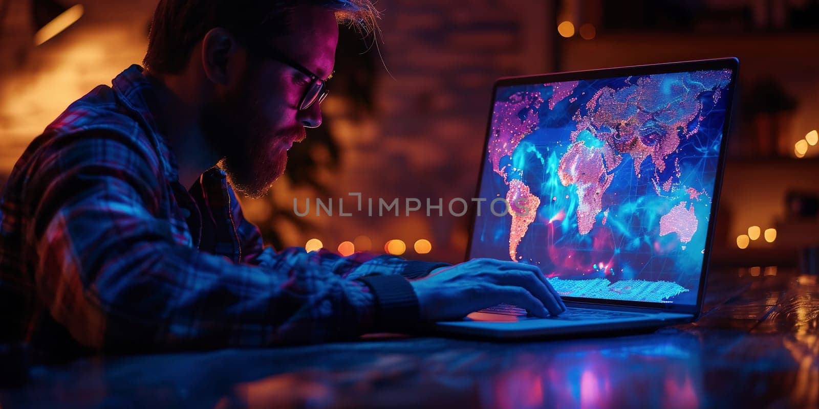 A young man worker working on a laptop at night. Freelancer designer or system administrator stayed late at work. by Andelov13