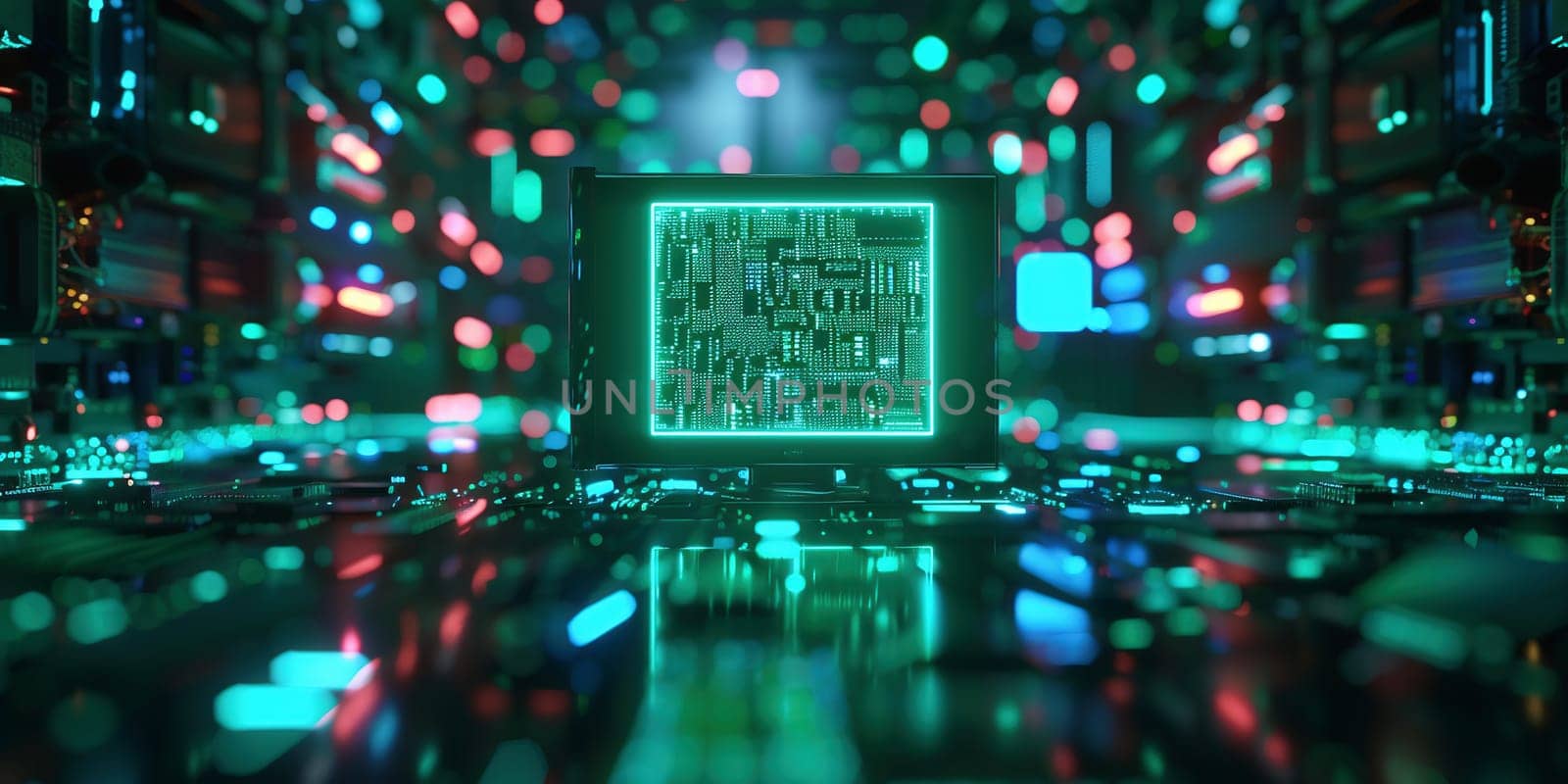 Abstract 3d rendering of circuit city connection. cyberpunk AI with electric pulses. Circuit board. Power of Central Computer Processors ,CPU on motherboard digital chip.Technology science background by Andelov13