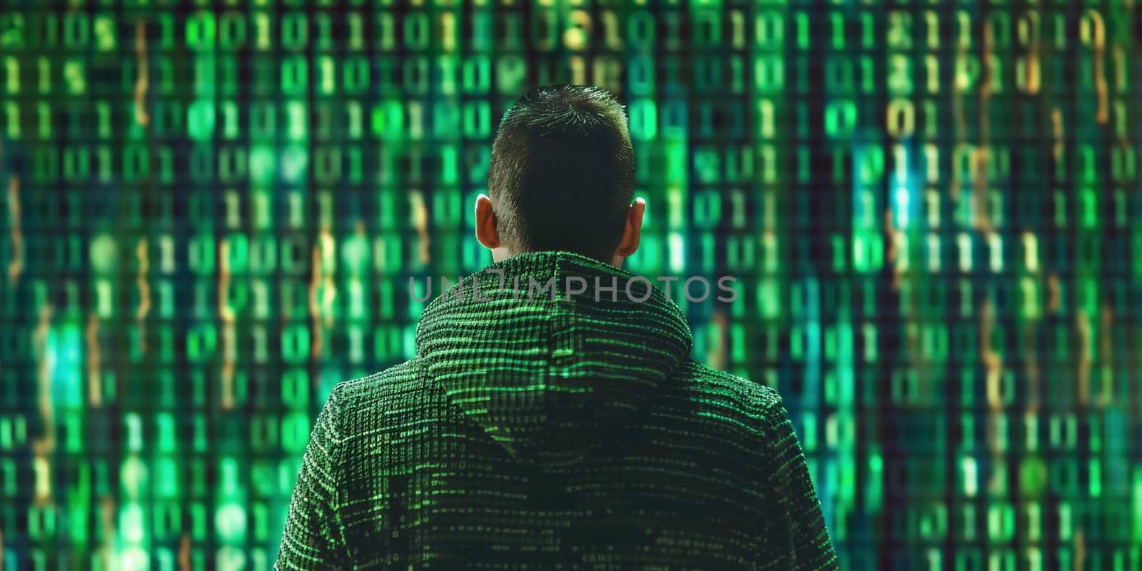 An adult online anonymous internet hacker with invisible face in urban environment and number codes illustration concept. High quality photo