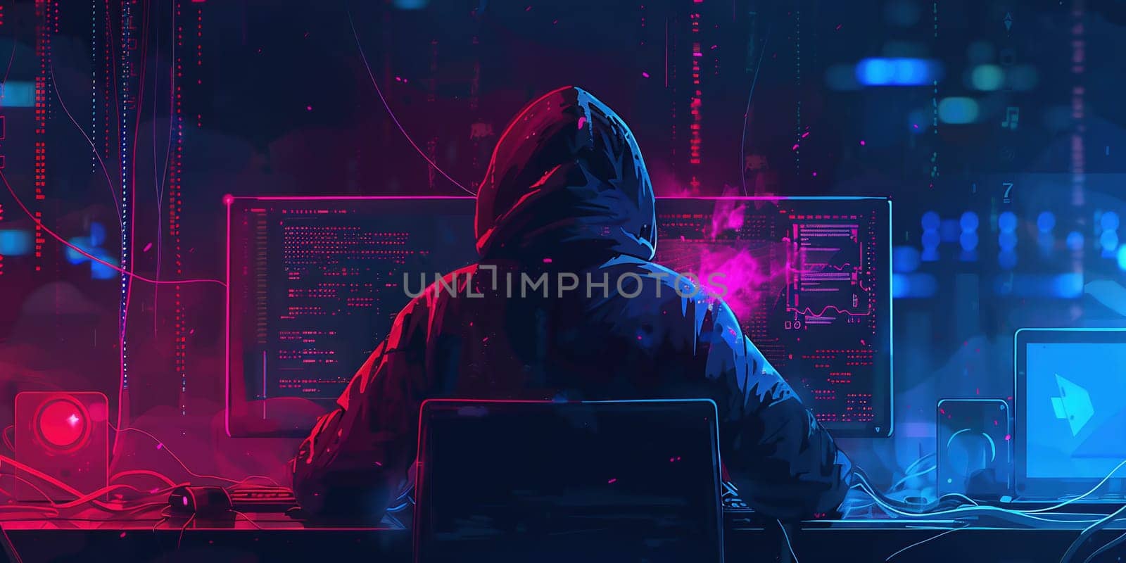 Hacker with laptop in dark room, cyber security. High quality photo