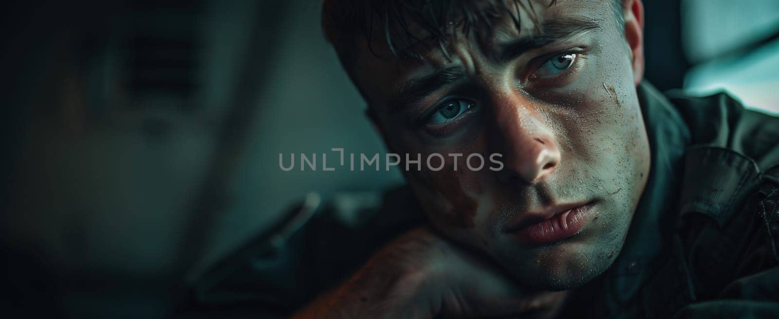 Cropped close-up portrait of one brutal bearded man, medeival warrior or knight with dirty wounded face isolated over dark background. High quality photo