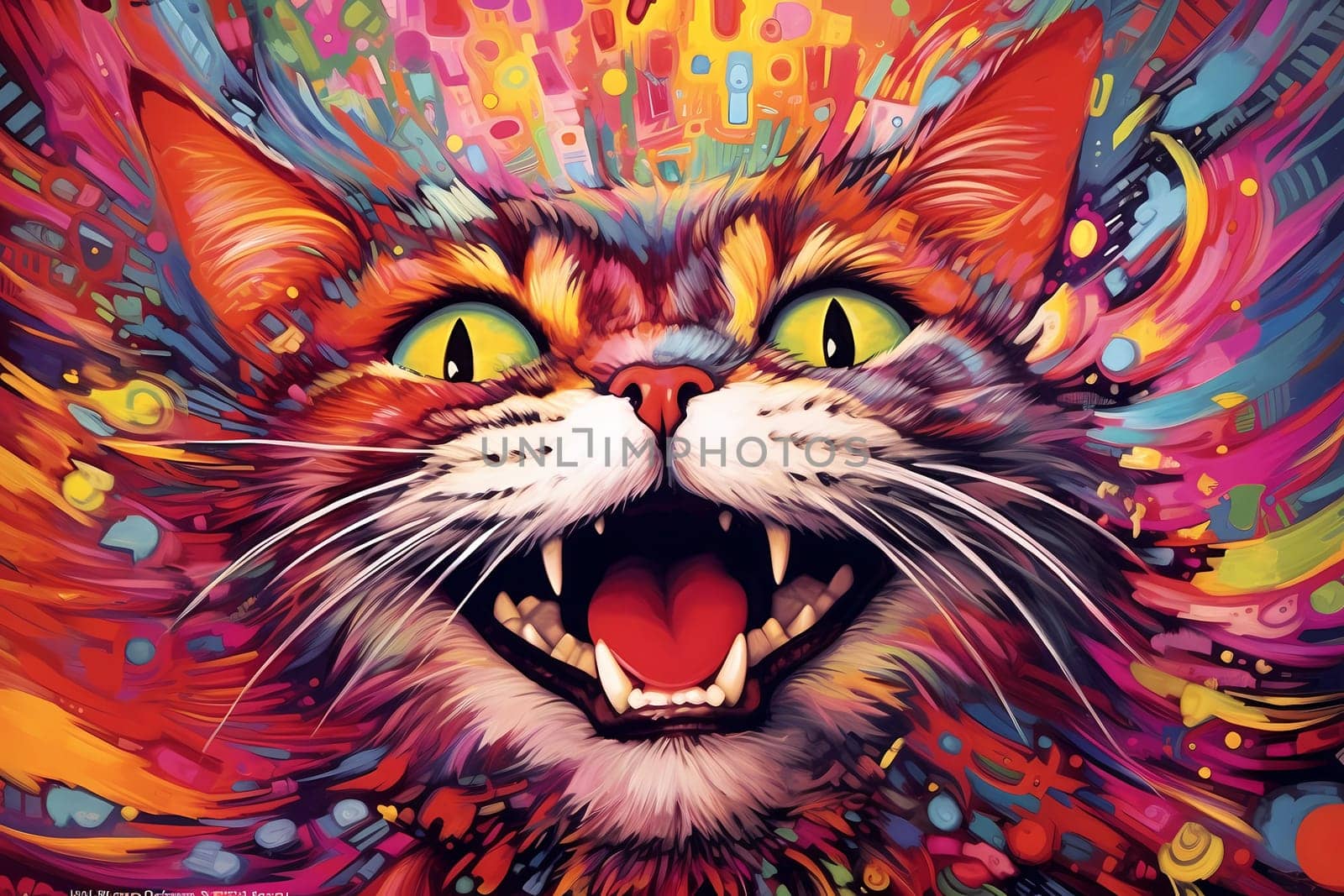 Colorful crazy cat opened his mouth with a mad look. The concept of an animal that is surprised or amazed. Generated AI by Oxdesign