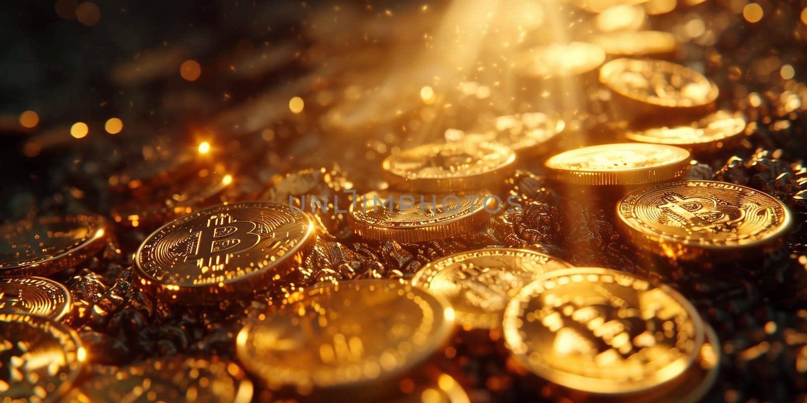 Golden bitcoin on yellow gold placer surface. Crypto currency. Bitcoin mining concept. High quality photo