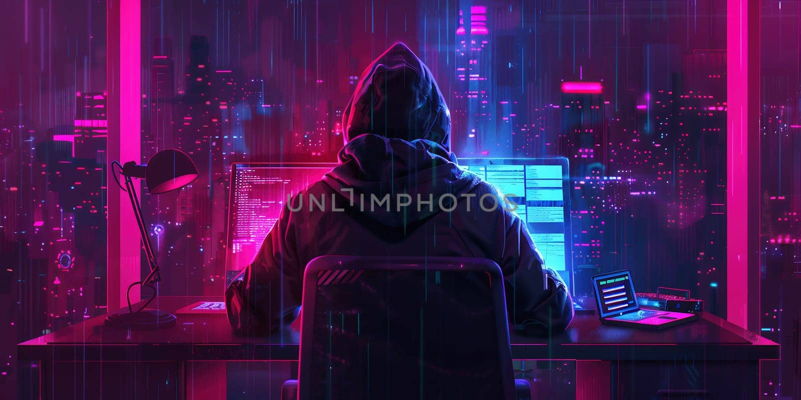 Hacker with laptop in dark room, cyber security by Andelov13