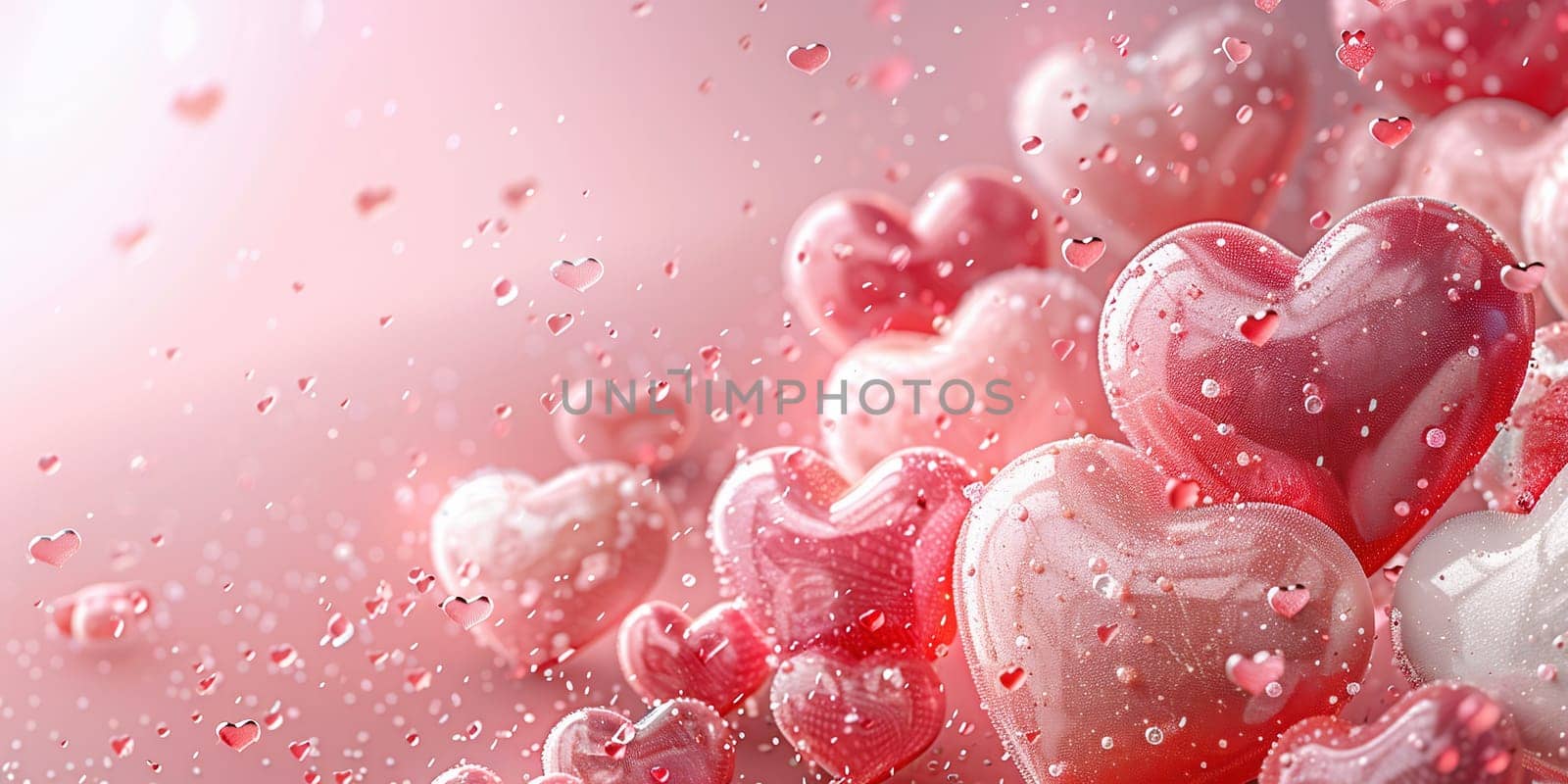 Balloon Hearts. holiday illustration of bunch of red and pink balloon hearts and glittering confetti. Happy Valentines Day. Festive romantic decoration. Wedding concept. High quality photo