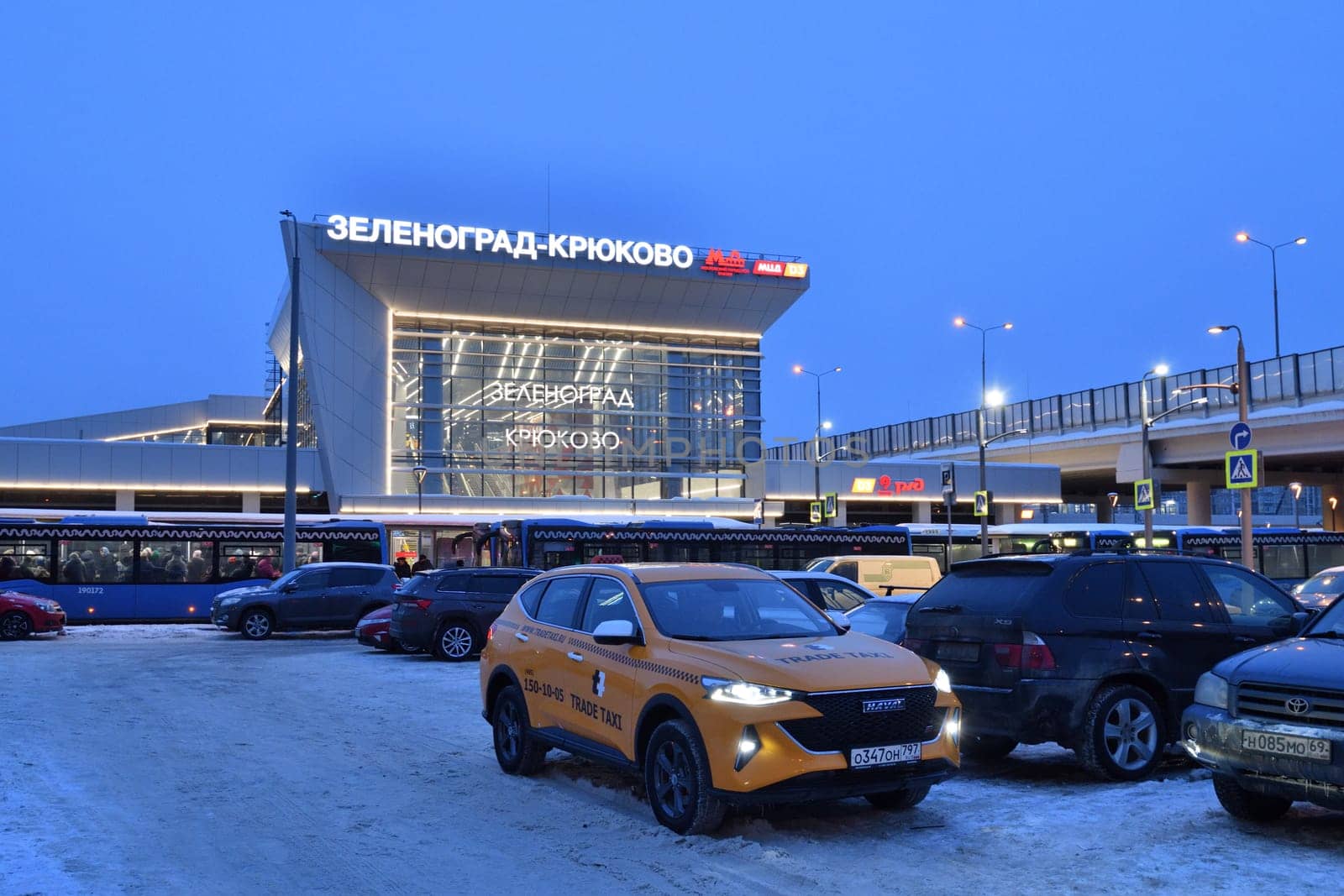 Moscow, Russia - Feb 14. 2024. Parking before Moscow Central Diameter D3 - railway lines that form single transport system with subway. Station Zelenograd - Kryukovo by olgavolodina