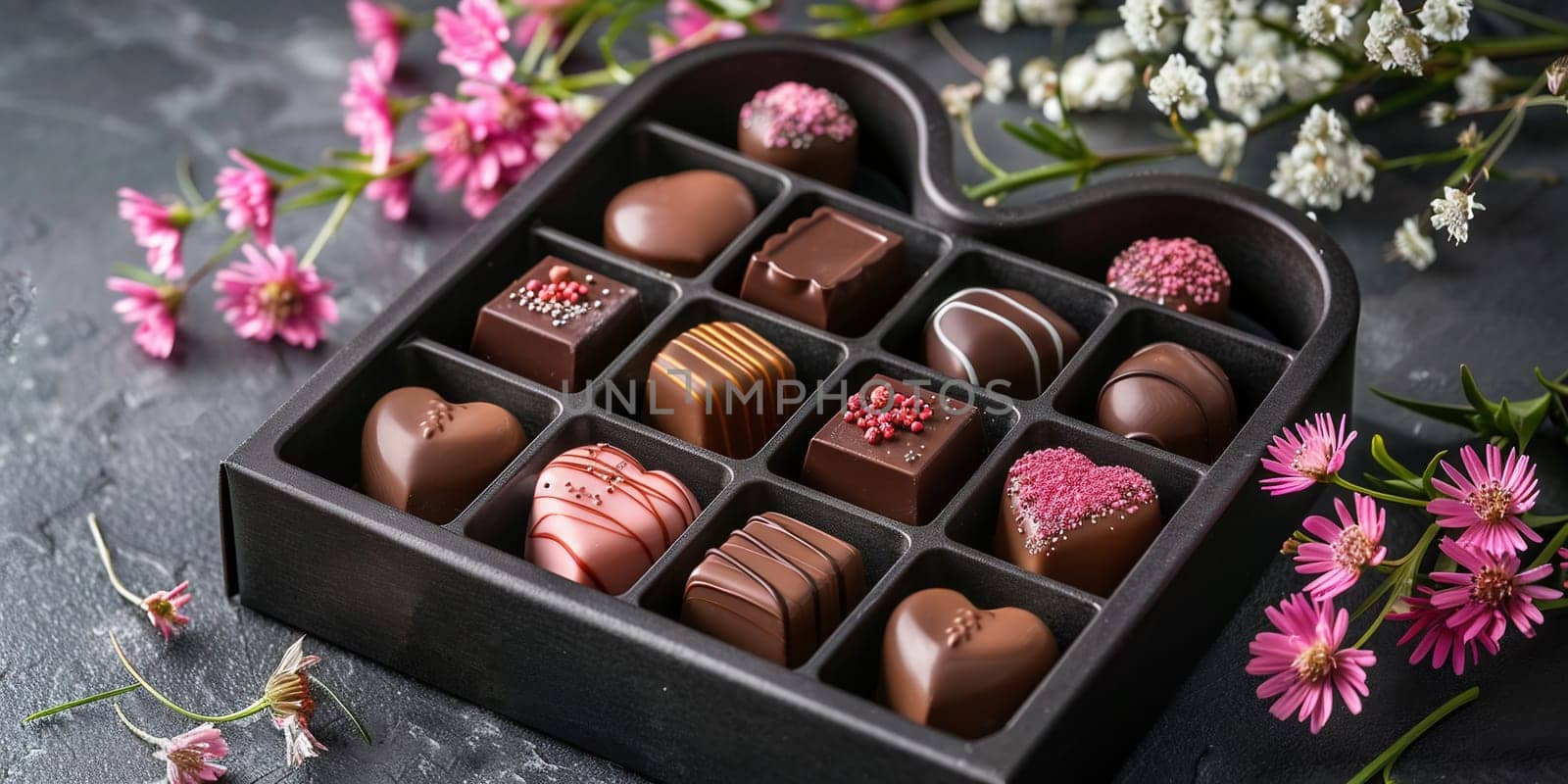 Luxury box of handmade chocolates with rose. Gift concept. High quality photo