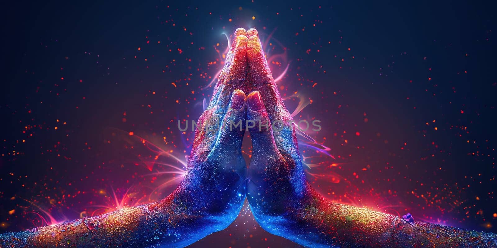 Supernatural Healing Energy - Male hands held parallel and reaching up with sparkling energy swirling upwards on a colorful background and plenty of copy space above. High quality photo
