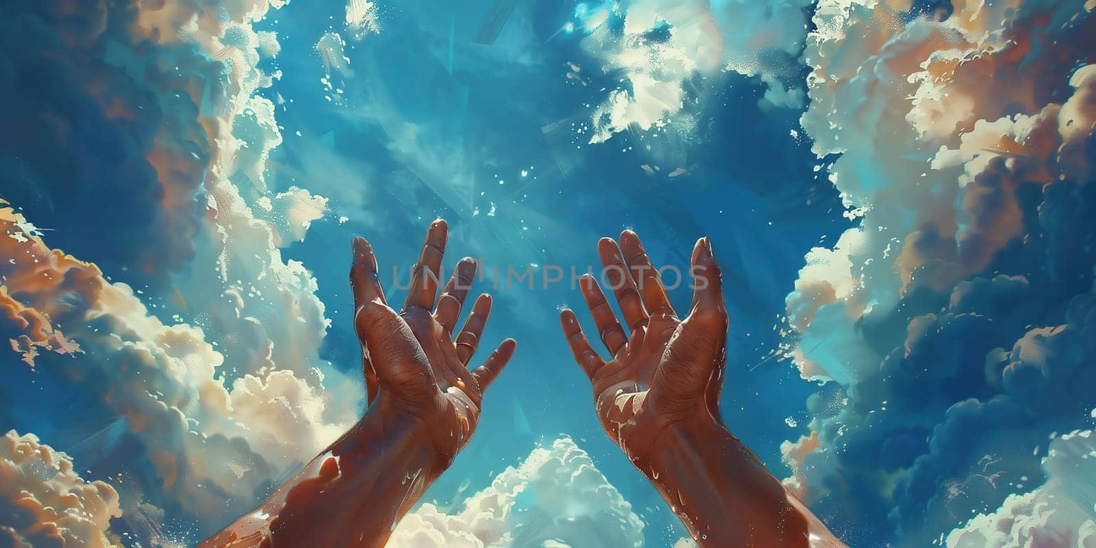 Human hands on sky background. High quality photo