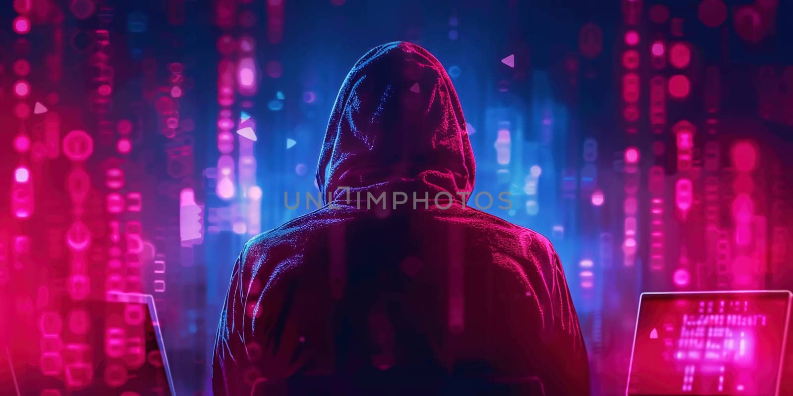 An adult online anonymous internet hacker with invisible face in urban environment and number codes illustration concept by Andelov13