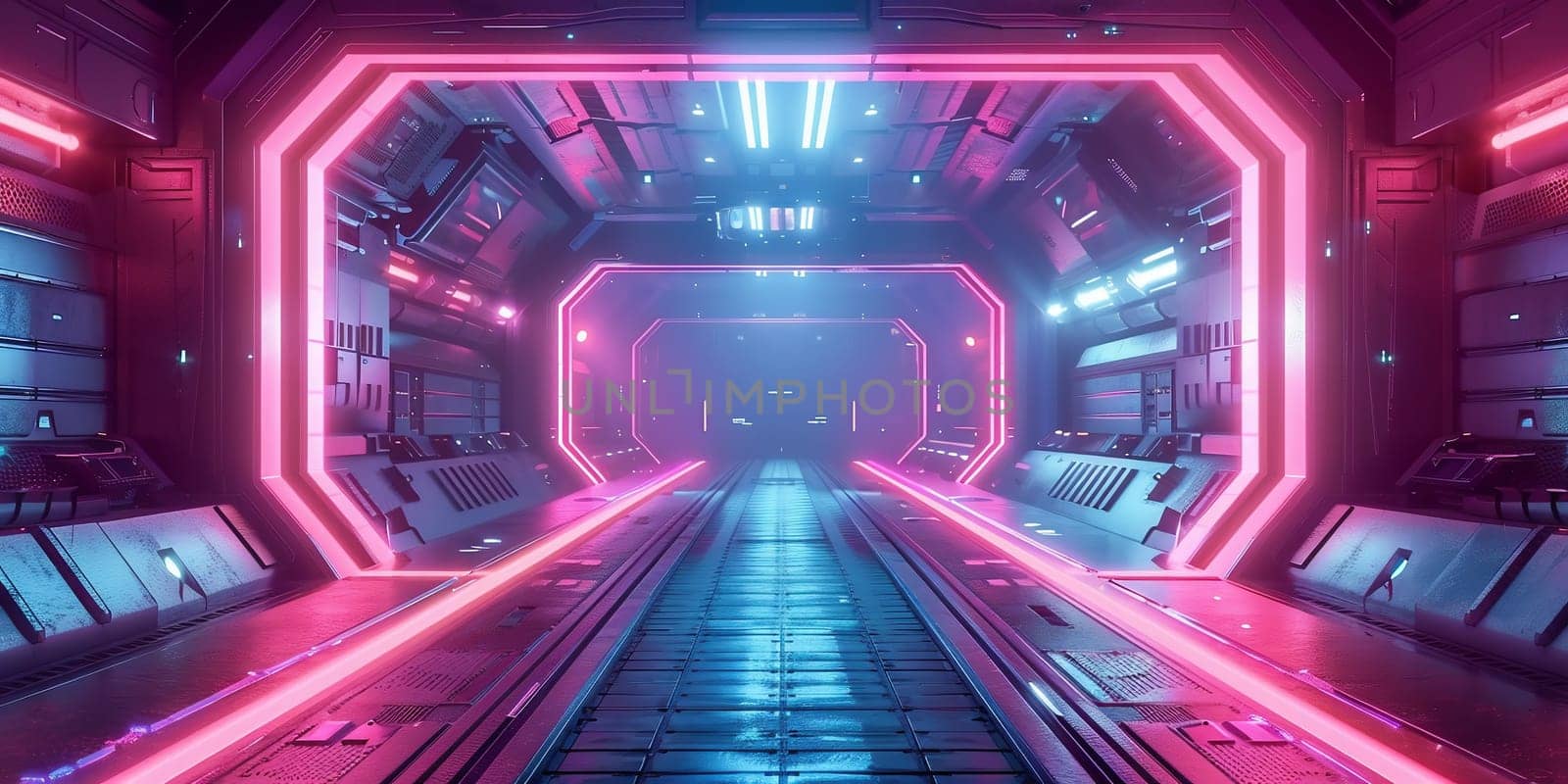 3d render. Futuristic corridor interior design.