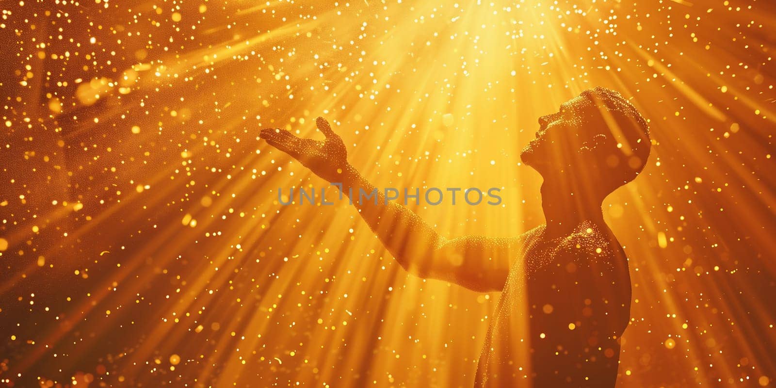 Man holding arms up in praise against a sunburst by Andelov13