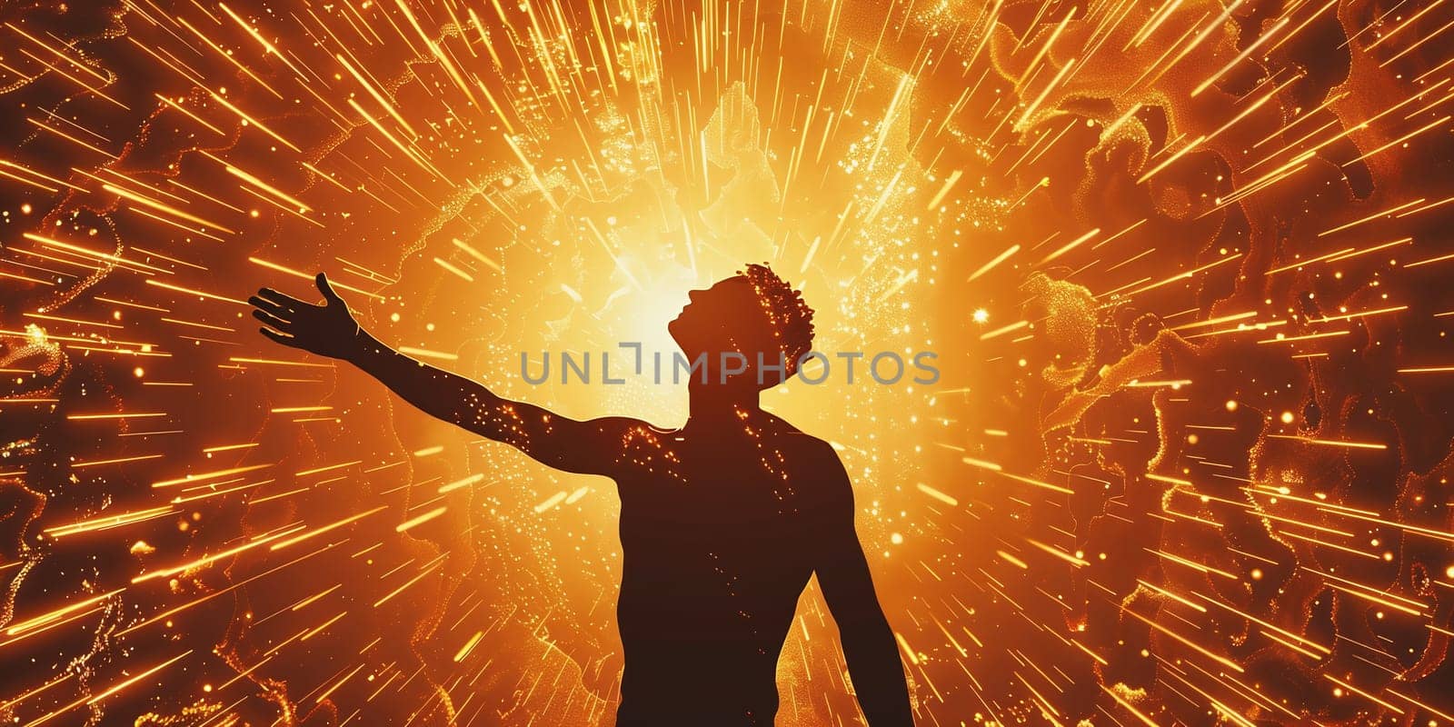 Man holding arms up in praise against a sunburst. High quality photo