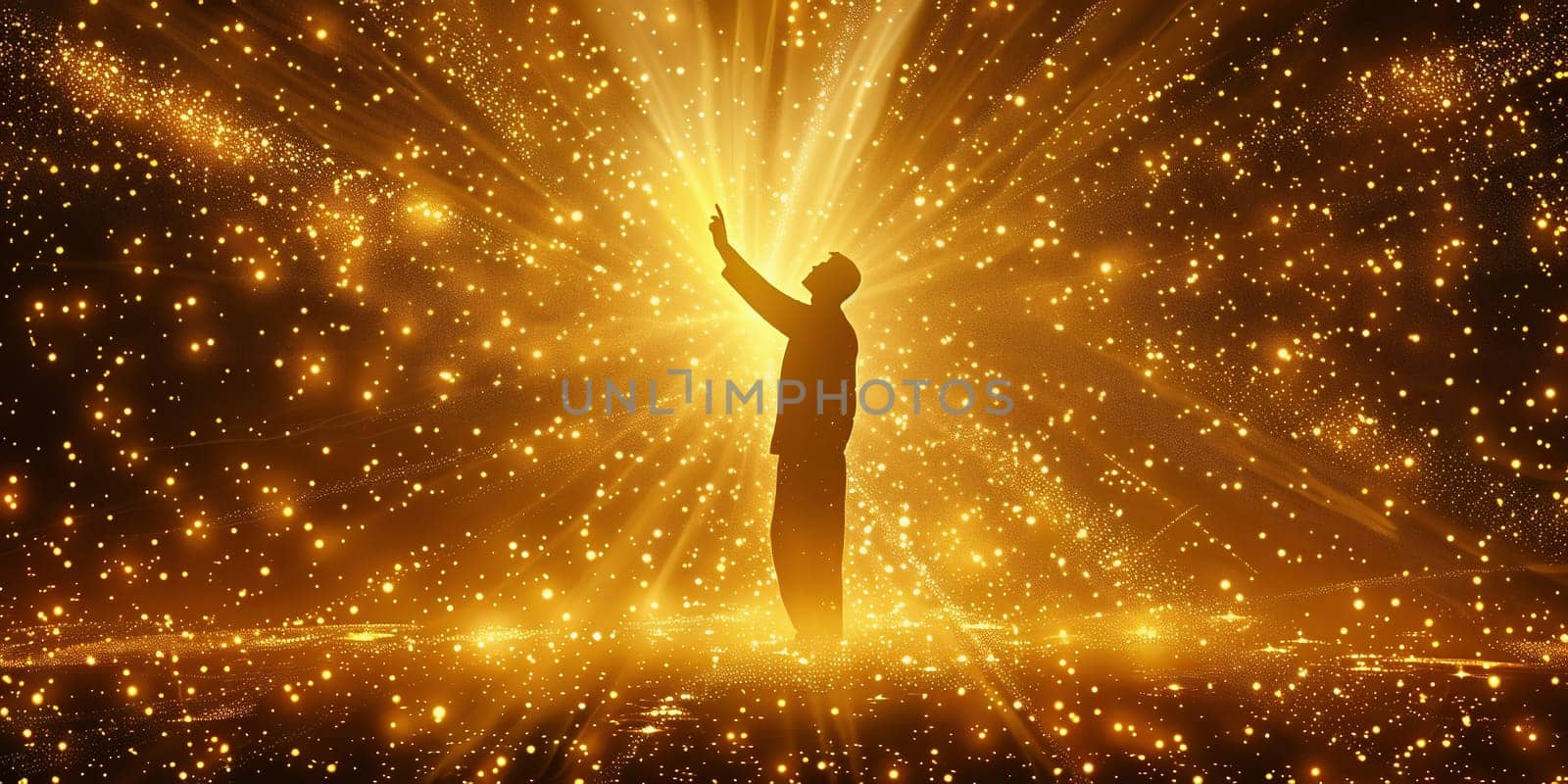 Man holding arms up in praise against a sunburst. High quality photo