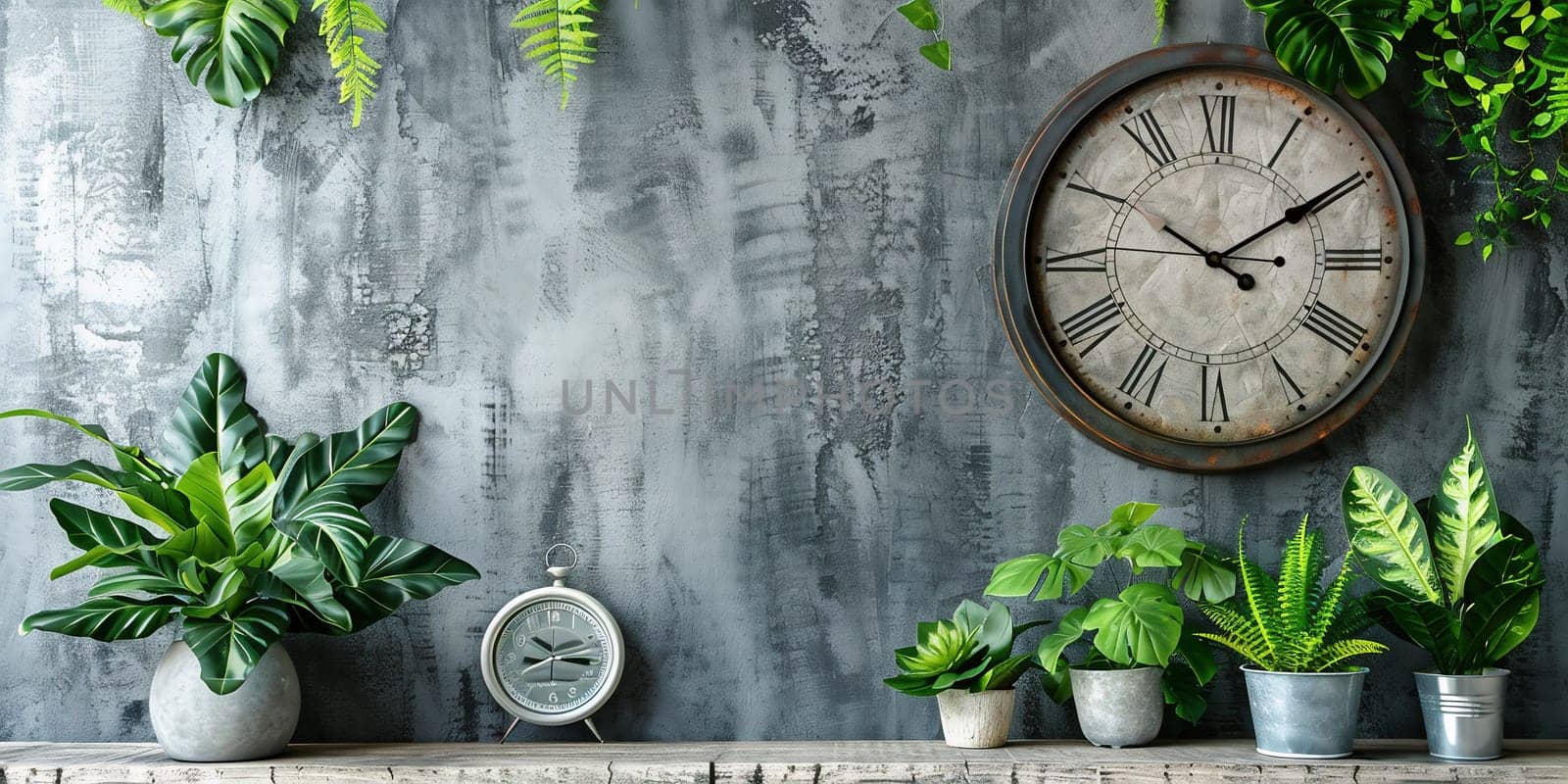 Vintage clock with Roman numeral. wall clock-face dialrustical on white brick wall in the apartment, by Andelov13