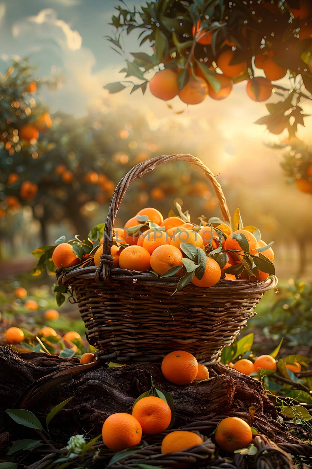 A basket filled with oranges, a type of citrus fruit, sits atop a pile of more oranges. The natural food is a popular ingredient in many dishes