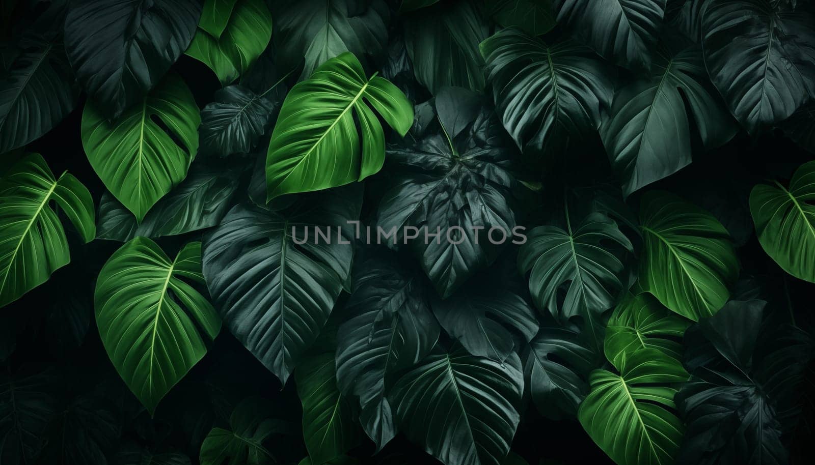 Tropical leaves dark green foliage in jungle nature. High quality photo