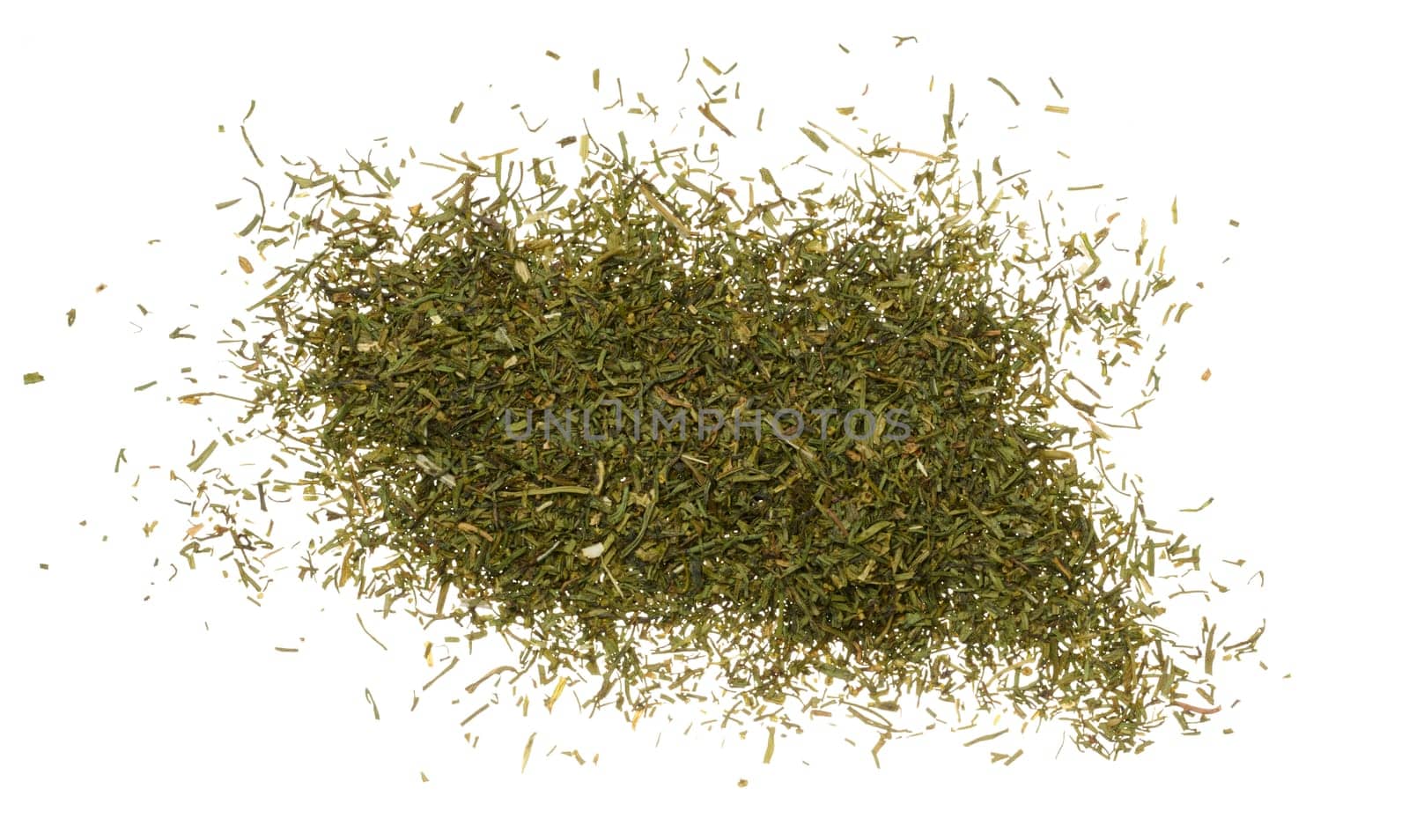 Dried dill scattered on isolated background, top view by ndanko
