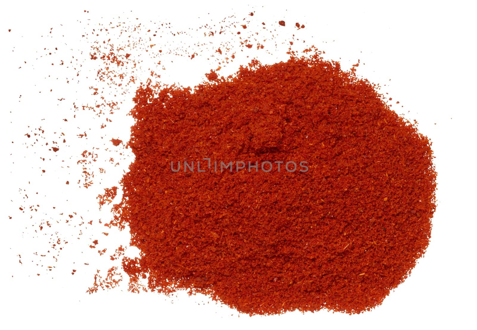 Ground smoked paprika on isolated background, top view