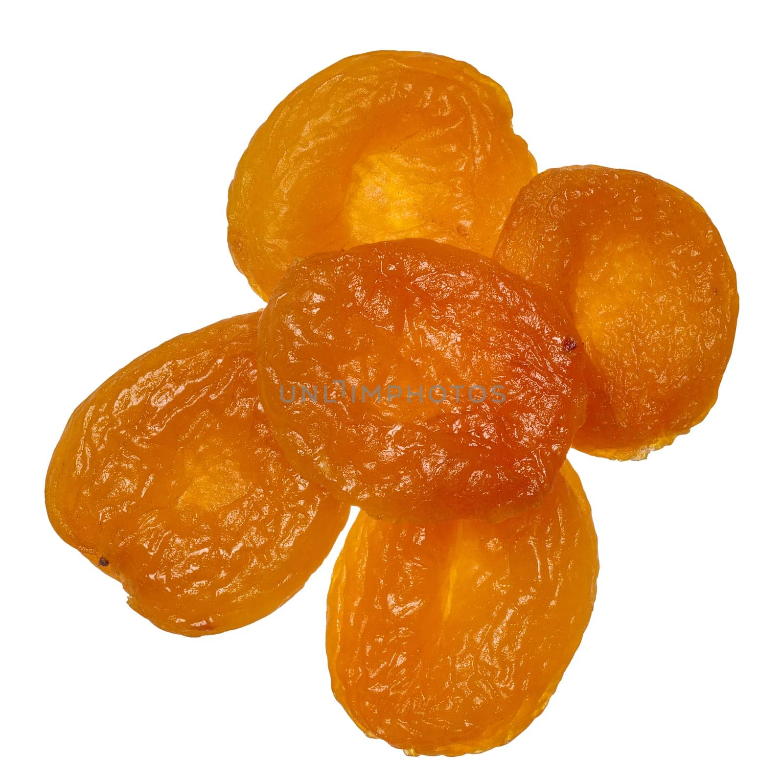 Dried apricot on isolated background, top view