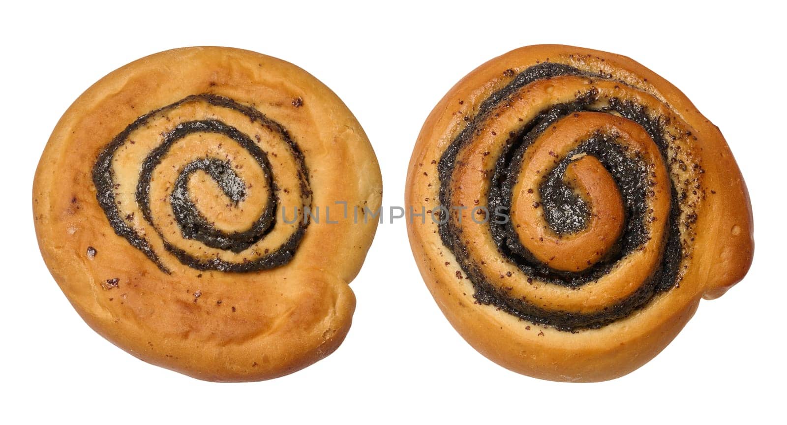 Round baked bun with poppy seeds on isolated background, top view