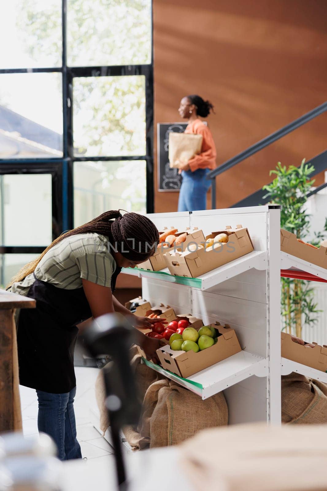 In bio food market, female seller wearing an apron organizes homegrown fruits and vegetables on shelves. In eco friendly grocery store, African American vendor inspects fresh organic produce.