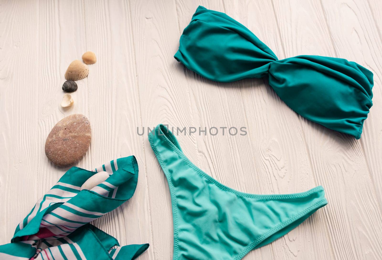 Women split multicolor blue swimsuit bikini. Summer background mockup template by AndriiDrachuk