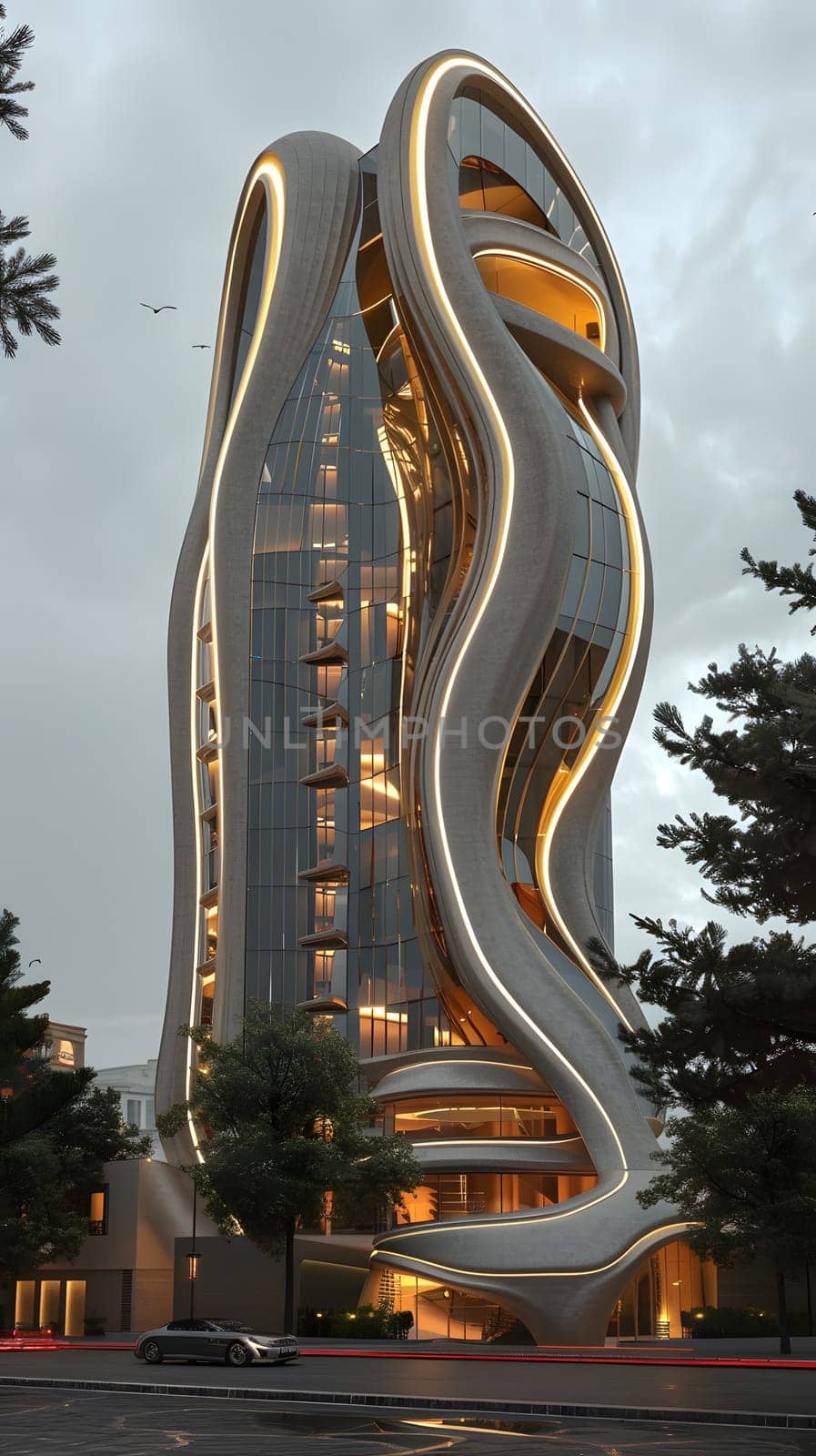 A skyscraper with a spiral facade lights up the night sky, showcasing urban design and artistic flair in the city. Surrounding trees and clouds complement the buildings unique structure