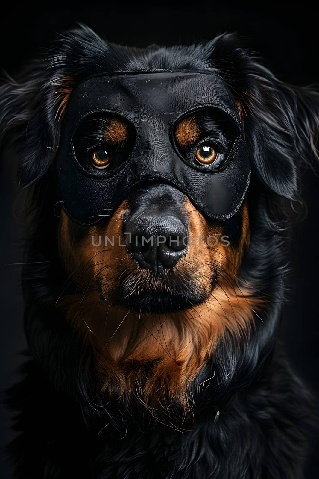A close up of a Carnivore, Terrestrial animal wearing a black mask. This Dog breed, a Sporting Group member, is a companion and working animal with a liver snout and whiskers