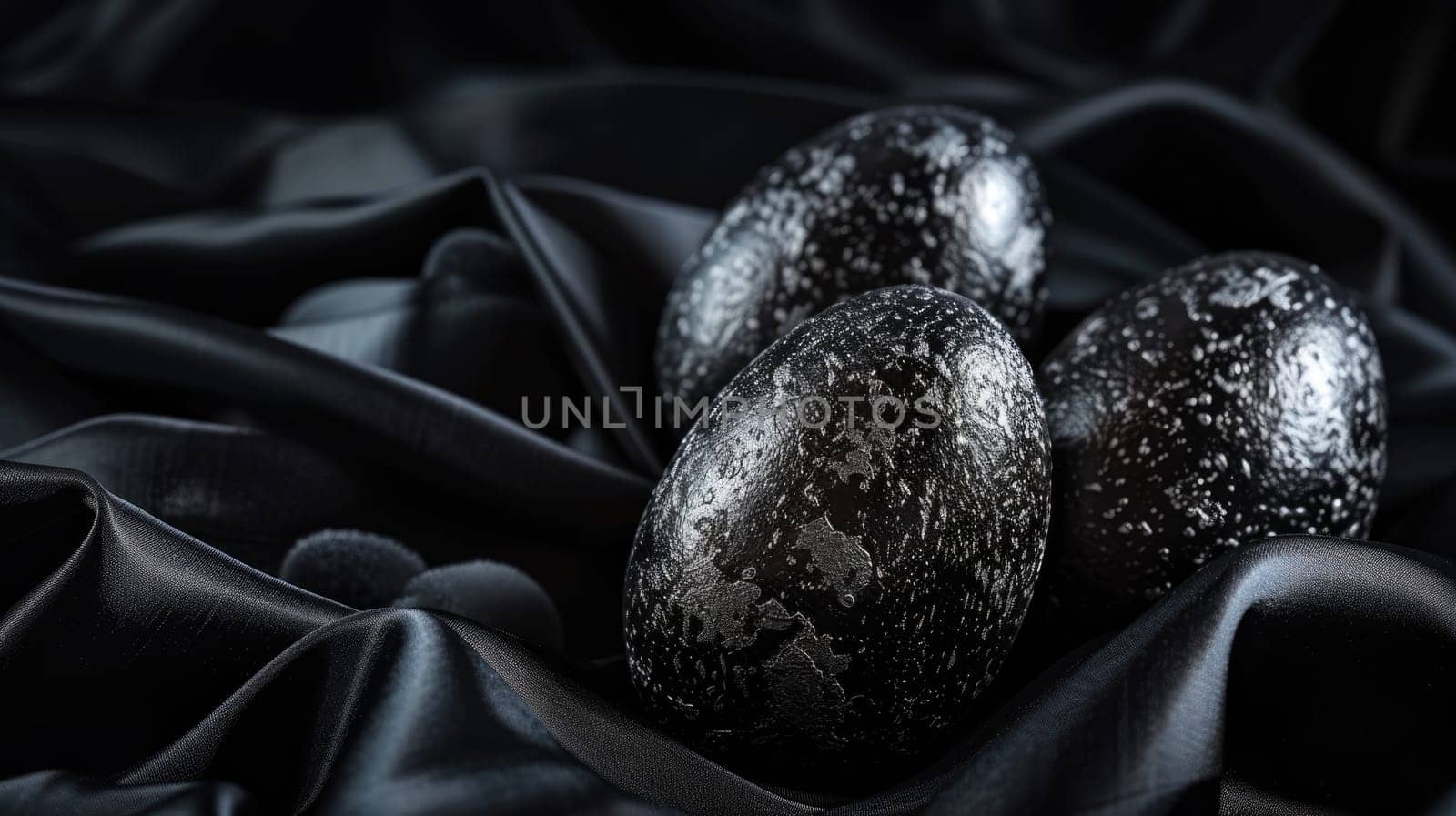 Silver metallic and black Easter Eggs on dark Background. Happy Easter eggs by JuliaDorian