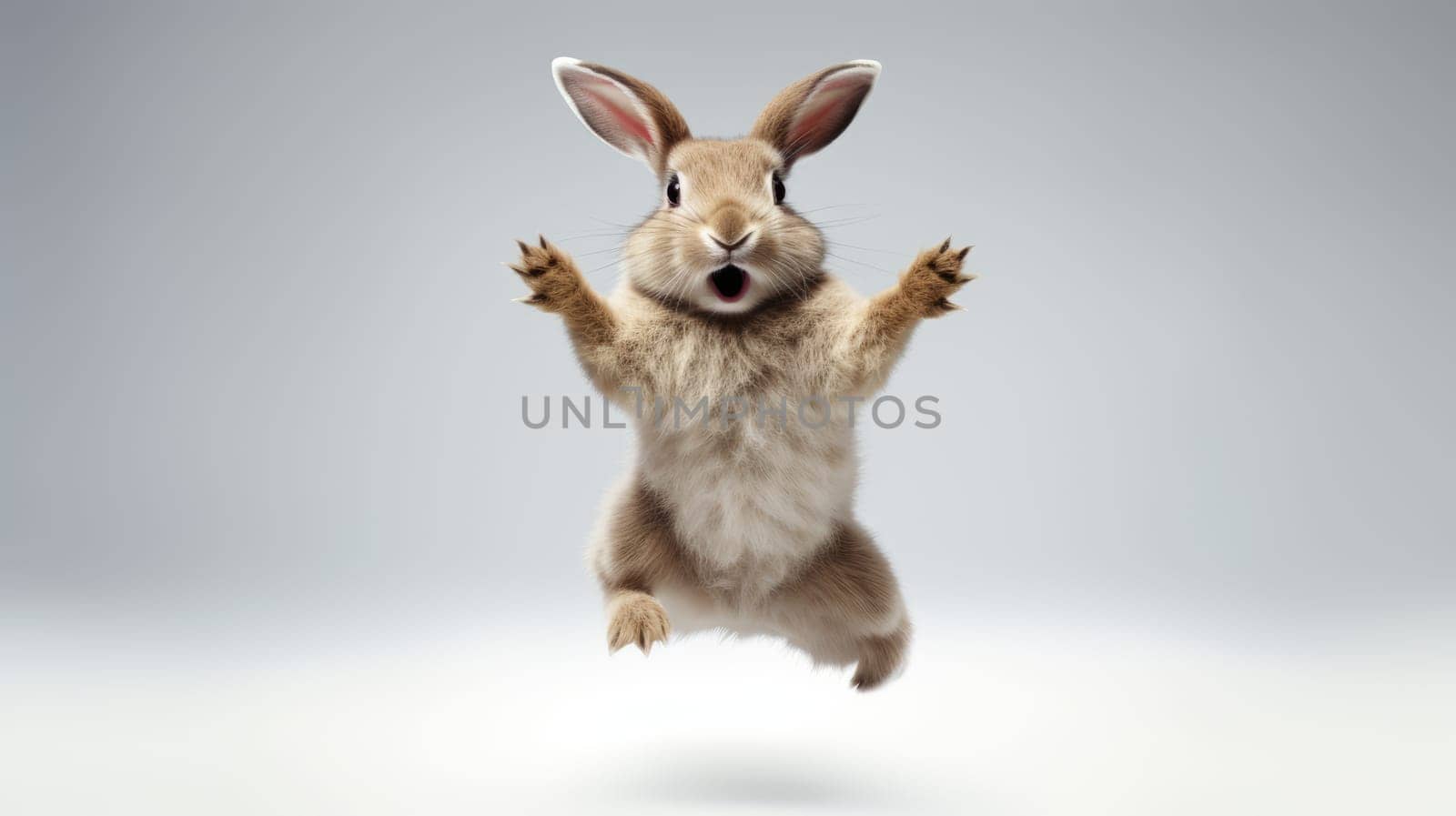 Surprised Funny Cute Bunny with Big Eyes on Light Background, Cute Animal Portrait.