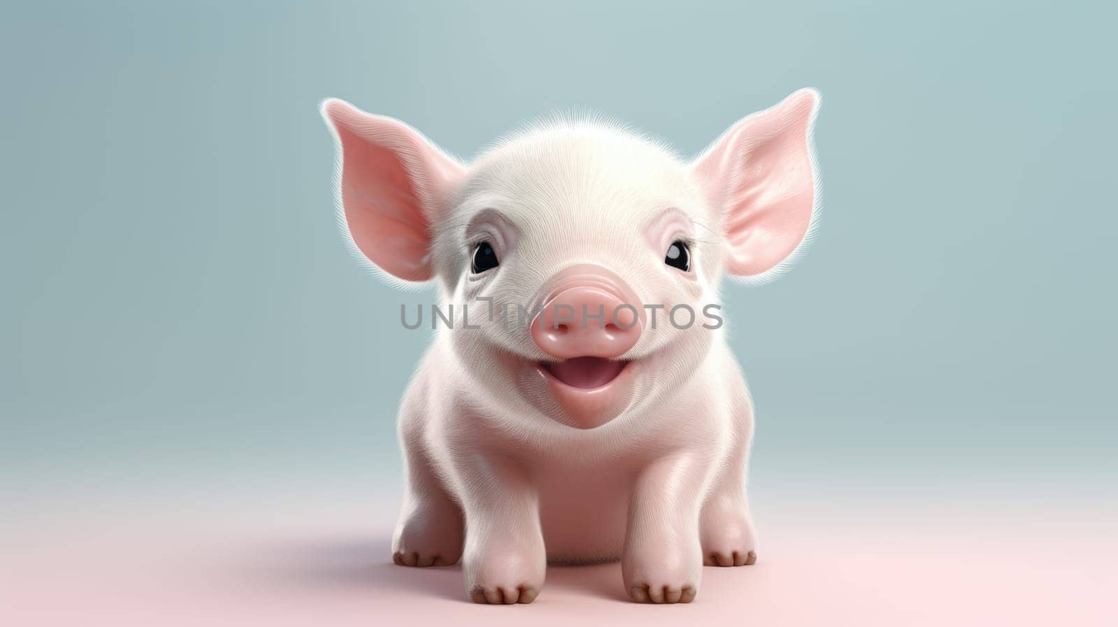 An adorable baby piglet sitting on white clouds with rainbow on blue sky background, showcasing its innocence and charm. by JuliaDorian