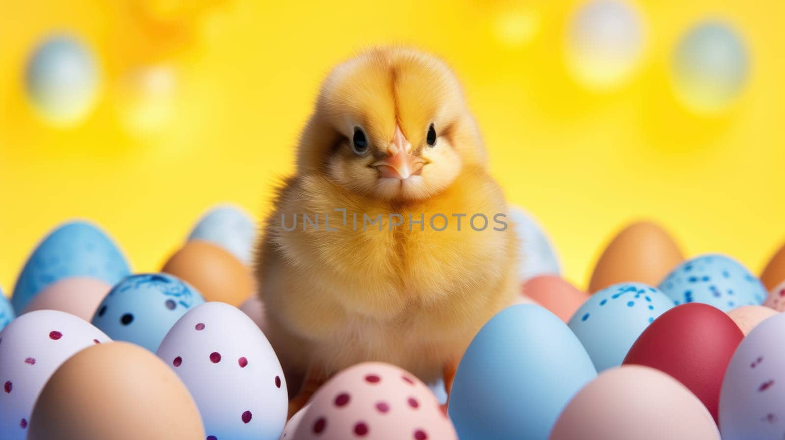 Fluffy yellow baby chick standing in front of colorful Easter eggs by JuliaDorian