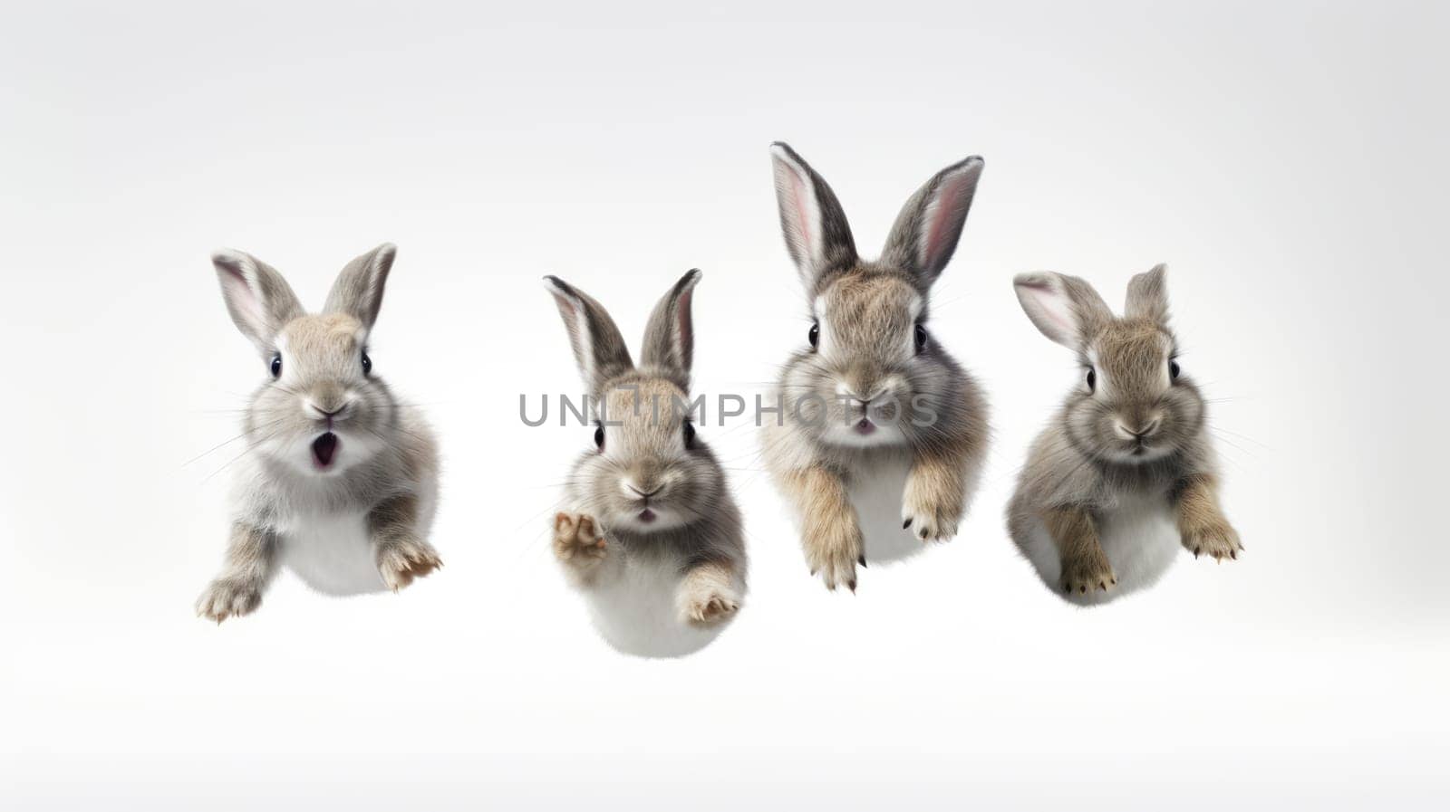 Adorable fluffy rabbits with perky ears hopping on white background.