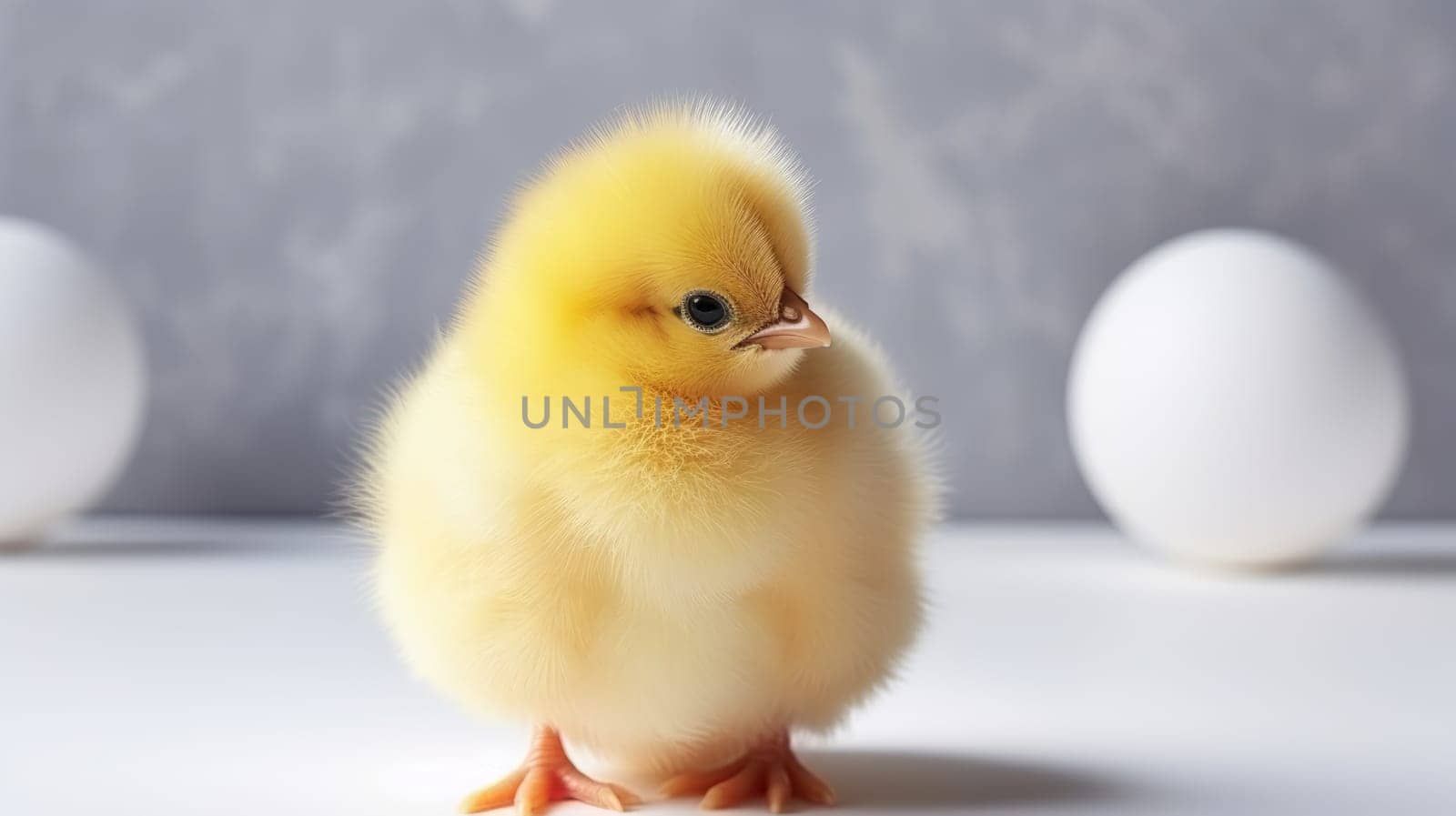 Fluffy yellow baby chick standing in front of yellow eggs. Fresh farm eggs. Chicken farm