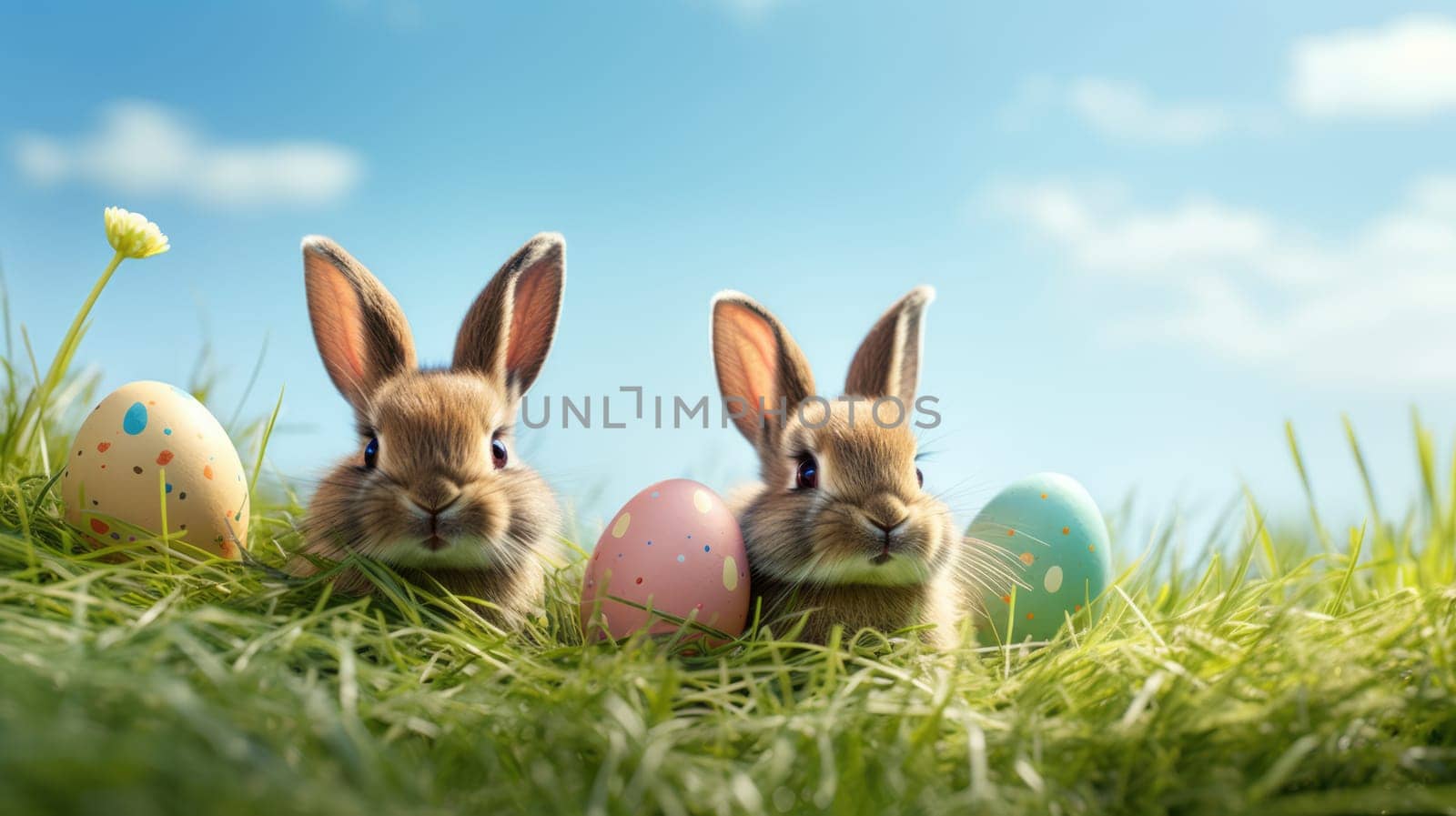 Cute bunnies sitting on the green grass with colorful Easter eggs under clear blue sky on sunny spring day. Easter egg hunt.