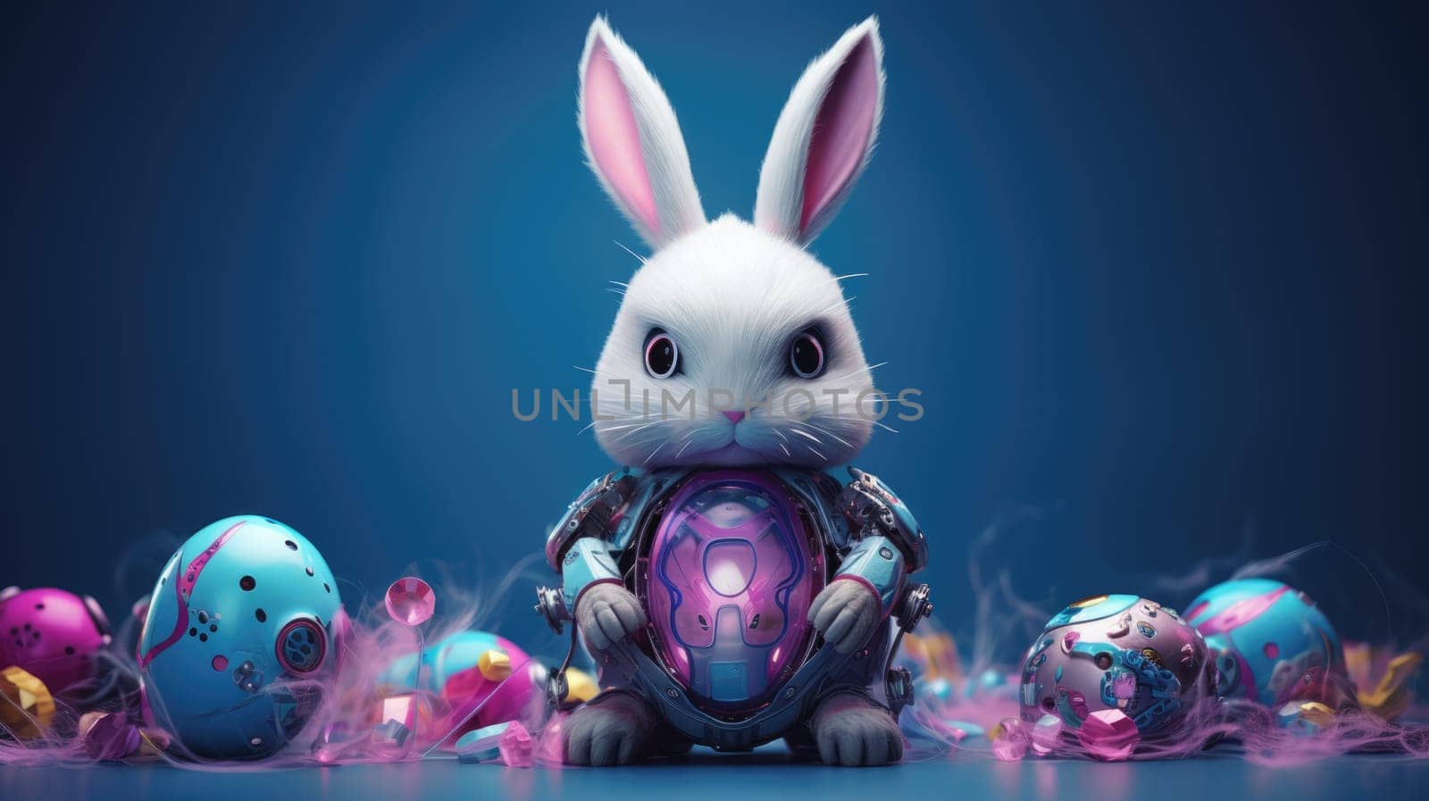 Cyberpunk Rabbit and Retro Outfit on bright Background with Easter eggs by JuliaDorian